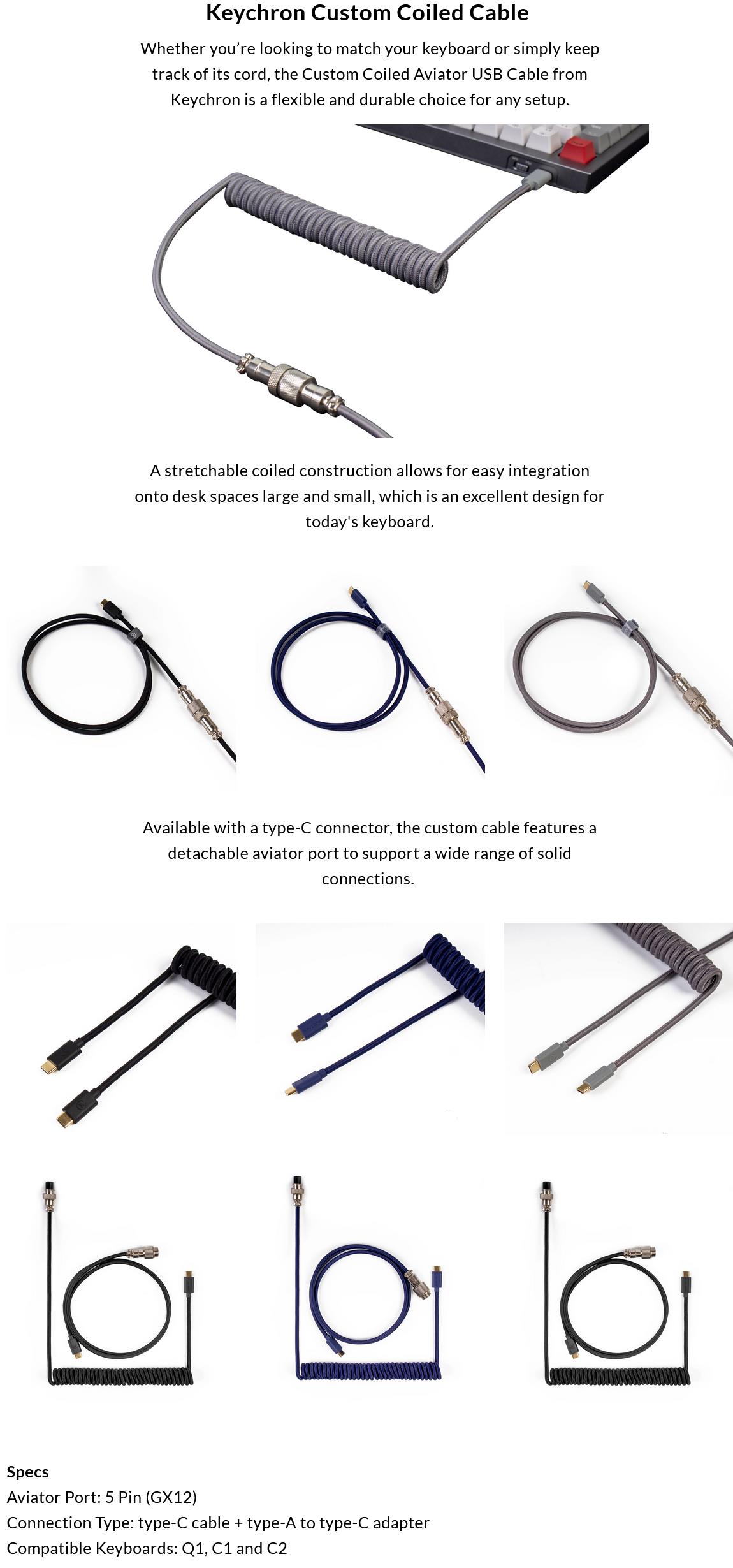 A large marketing image providing additional information about the product Keychron Custom Coiled Aviator Cable USB-C Cable with USB-A Adapter - Grey - Additional alt info not provided
