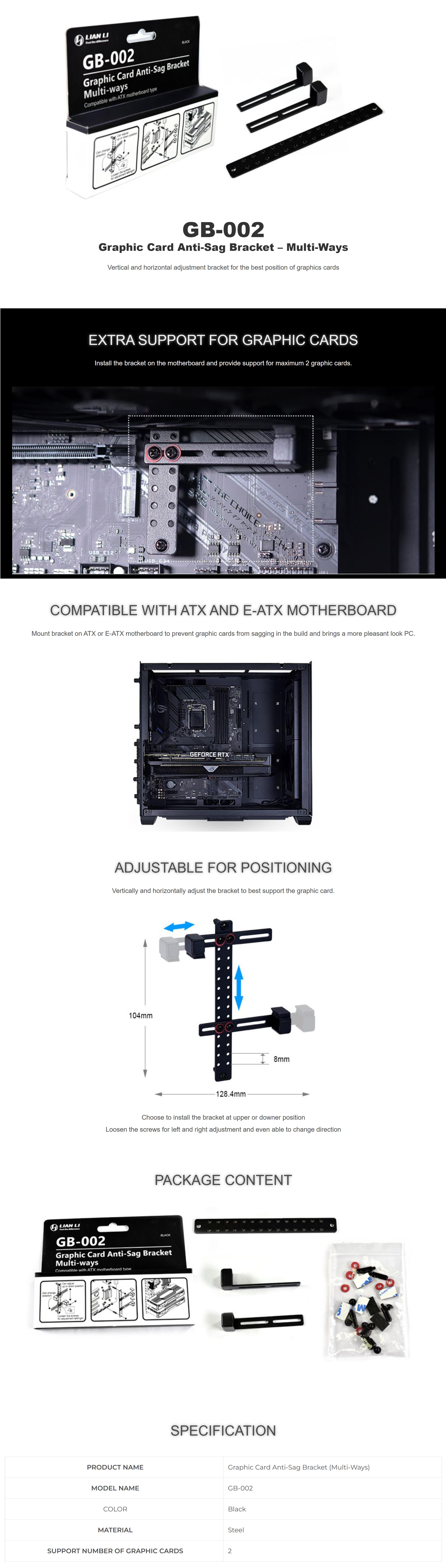 A large marketing image providing additional information about the product Lian Li GB-002 Anti-Sag GPU Brace Support - Additional alt info not provided