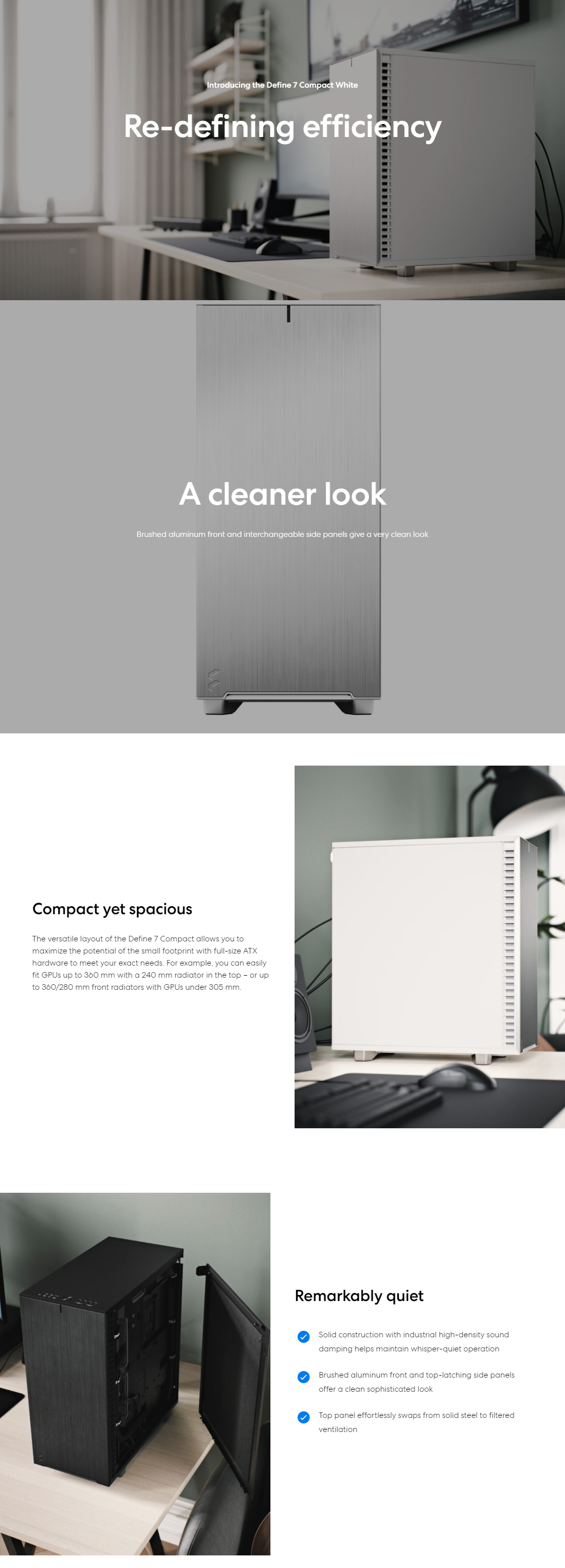 A large marketing image providing additional information about the product Fractal Design Define 7 Compact Mid Tower Case - White - Additional alt info not provided