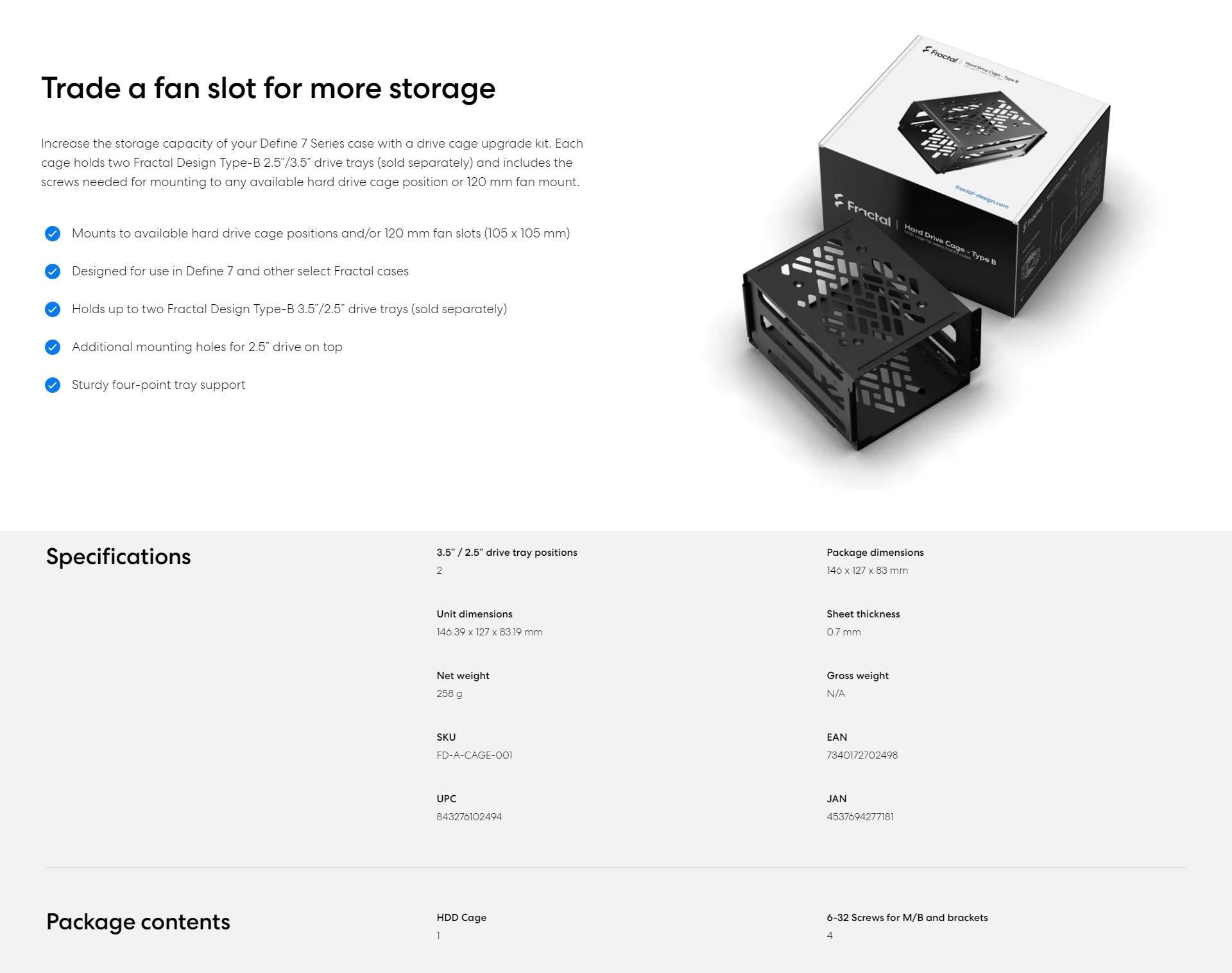 A large marketing image providing additional information about the product Fractal Design Hard Drive Cage Kit – Type B - Additional alt info not provided