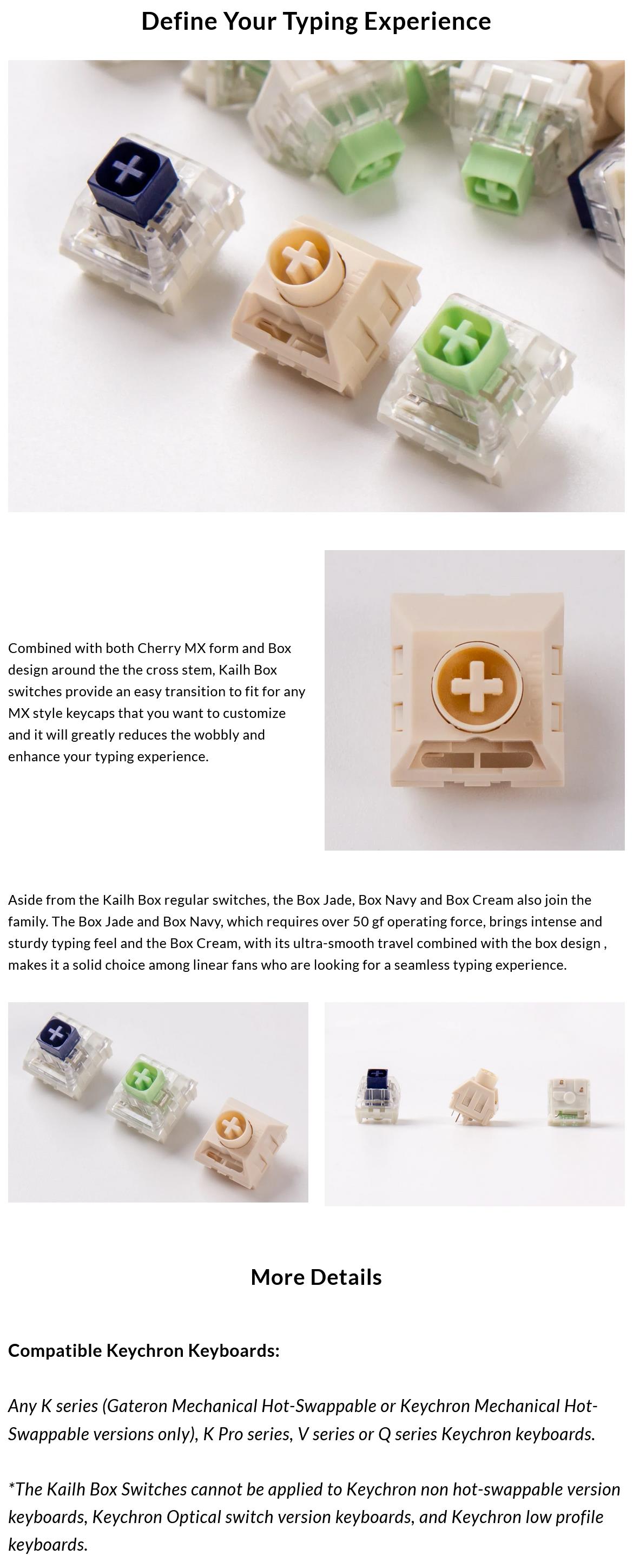 A large marketing image providing additional information about the product Keychron Kailh Box White Switch Set (45g Clicky) 35pcs - Additional alt info not provided