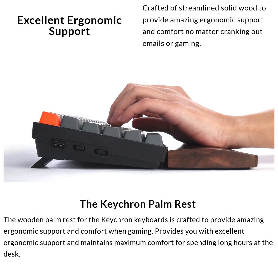 A large marketing image providing additional information about the product Keychron Walnut Keyboard Palm Rest - K10 / C2 - Additional alt info not provided