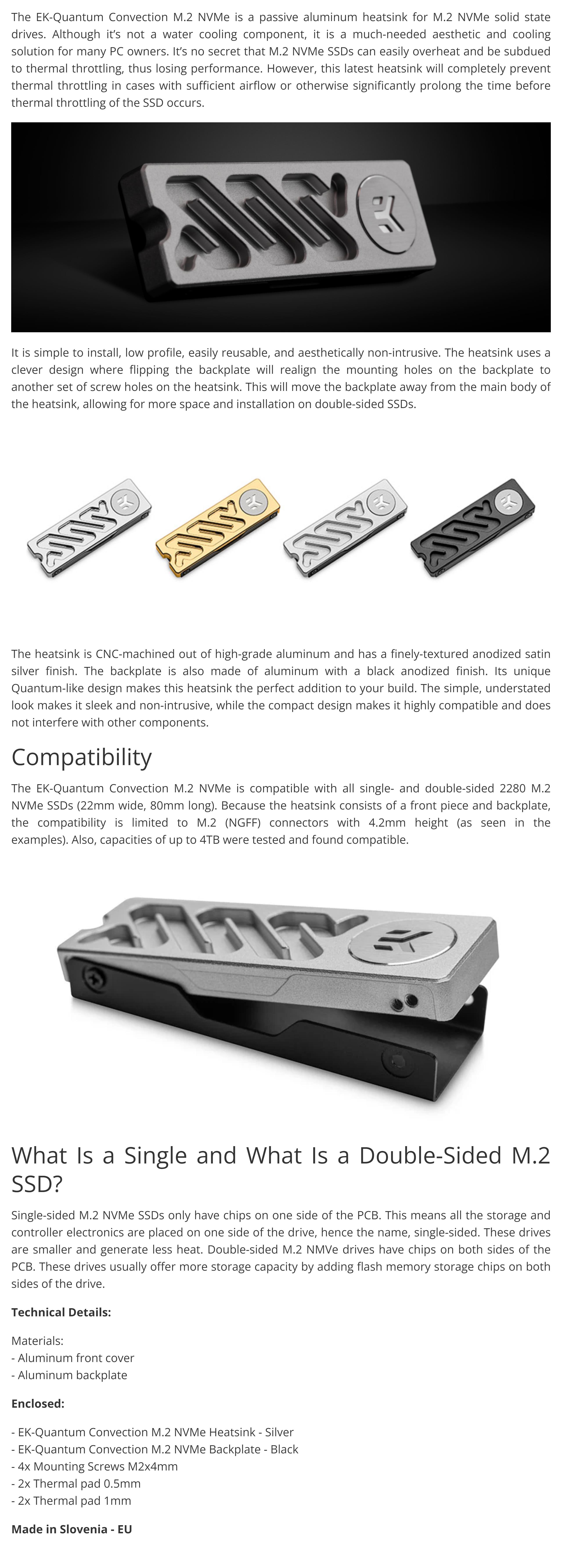A large marketing image providing additional information about the product EK Quantum Convection M.2 NVMe Heatsink - Silver - Additional alt info not provided