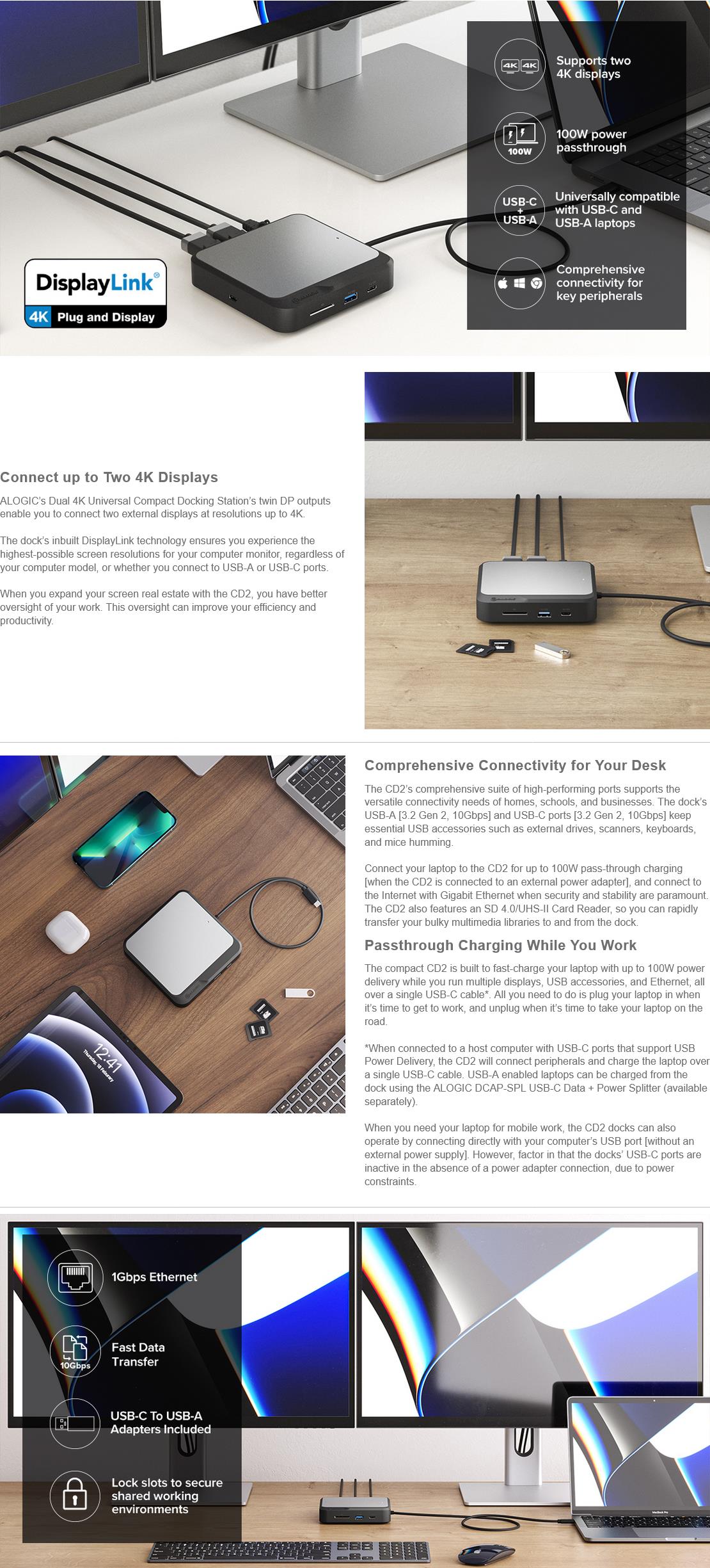 A large marketing image providing additional information about the product ALOGIC Dual 4K Universal Compact Docking Station – CD2 – DisplayPort Edition - Additional alt info not provided