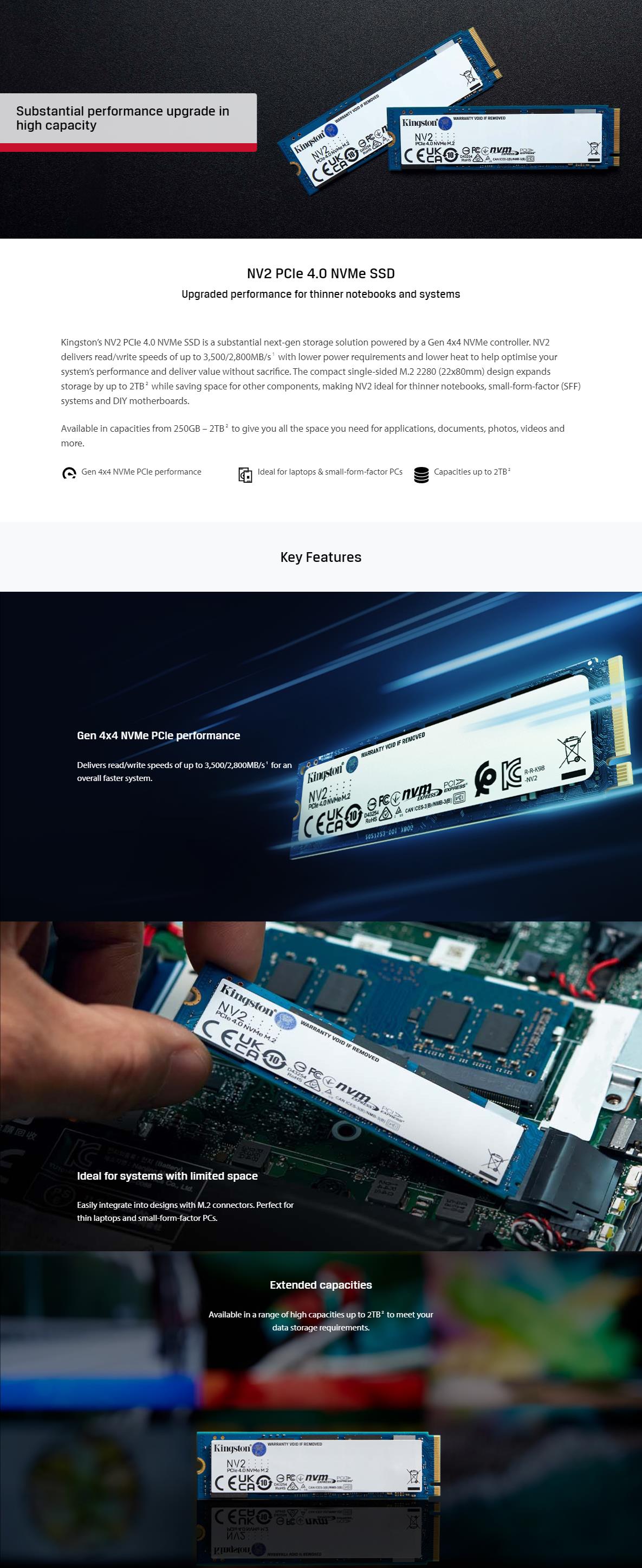 A large marketing image providing additional information about the product Kingston NV2 PCIe Gen4 NVMe M.2 SSD - 500GB - Additional alt info not provided