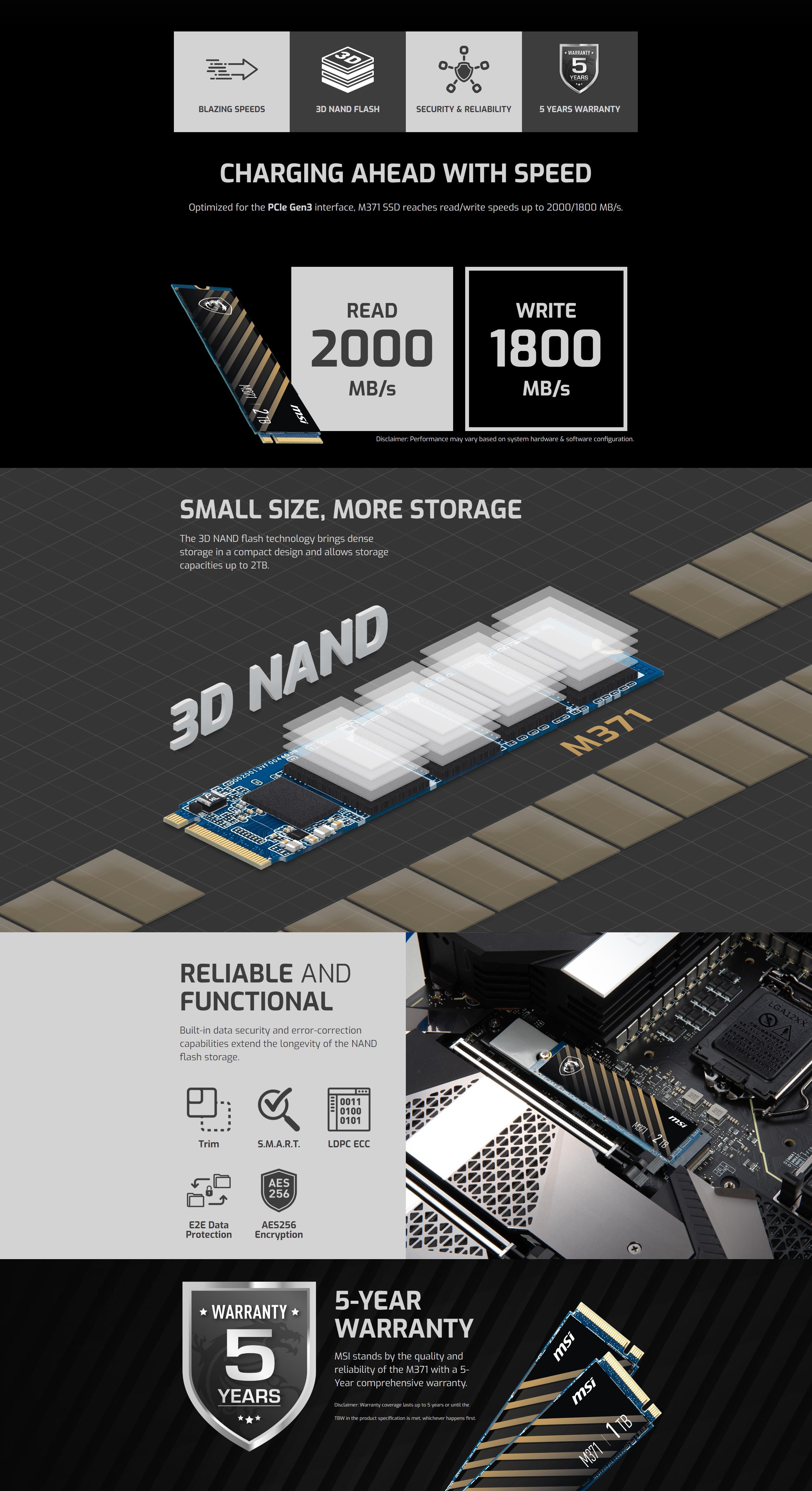 A large marketing image providing additional information about the product MSI Spatium M371 PCIe Gen3 NVMe M.2 SSD - 500GB - Additional alt info not provided