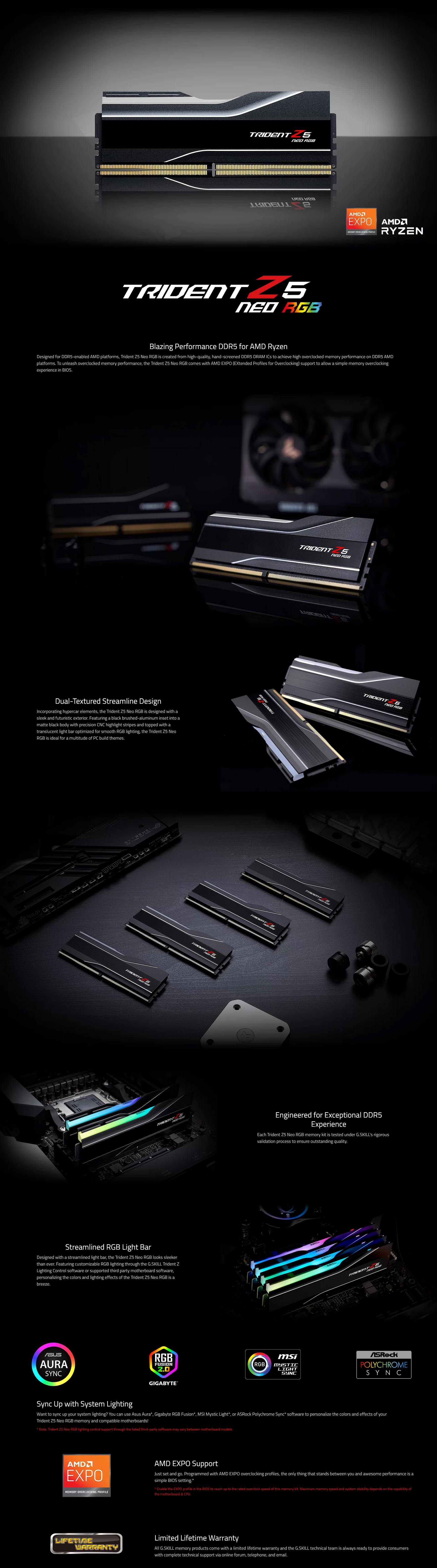 A large marketing image providing additional information about the product G.Skill 32GB Kit (2x16GB) DDR5 Trident Z5 Neo AMD EXPO RGB C36 6000MHz - Black - Additional alt info not provided