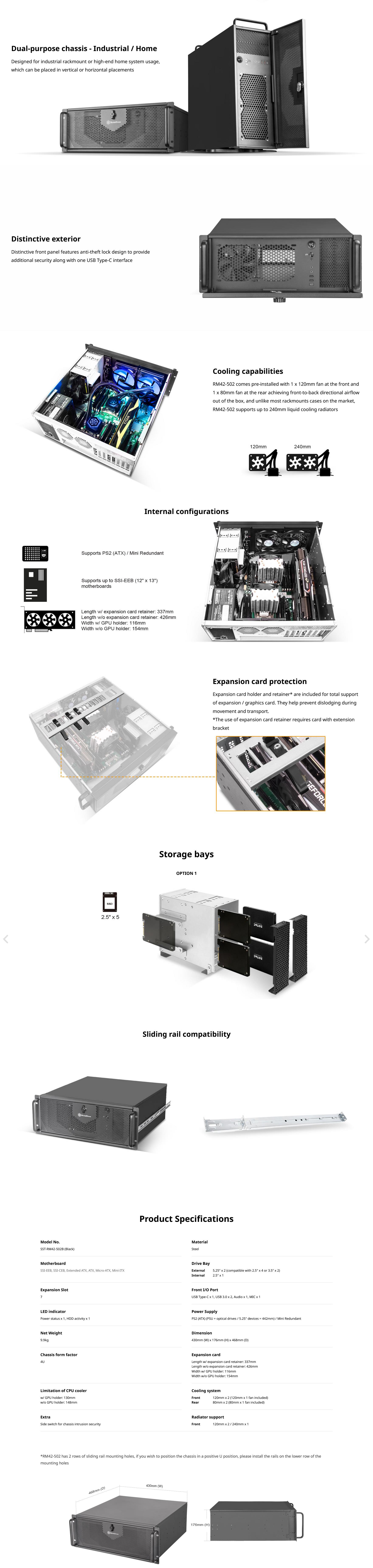 A large marketing image providing additional information about the product SilverStone RM42-502 4U Rackmount Case - Black - Additional alt info not provided