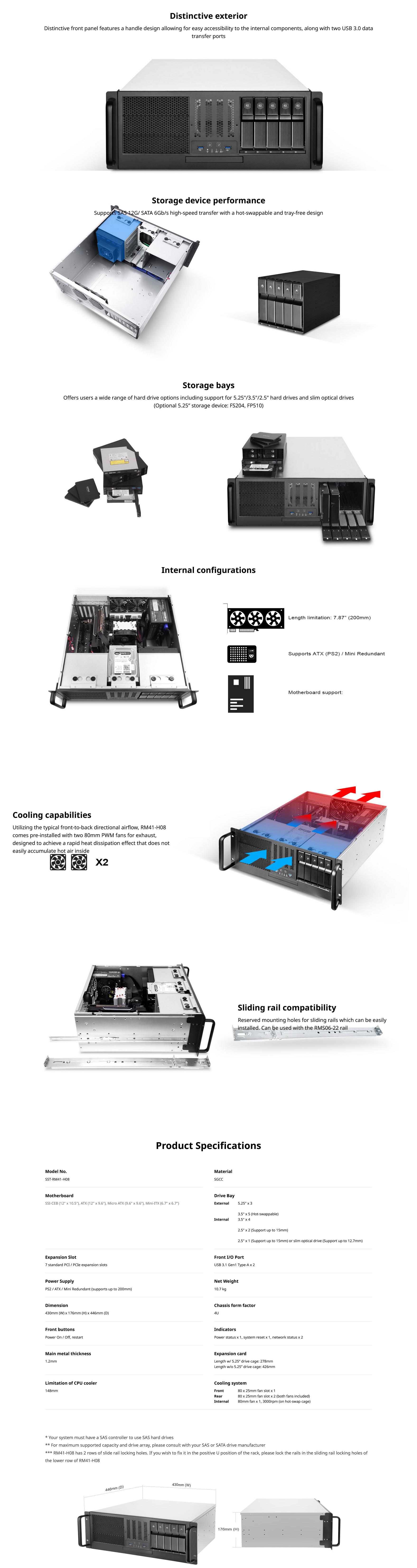A large marketing image providing additional information about the product SilverStone RM41-H08 4U Rackmount Case - Black - Additional alt info not provided