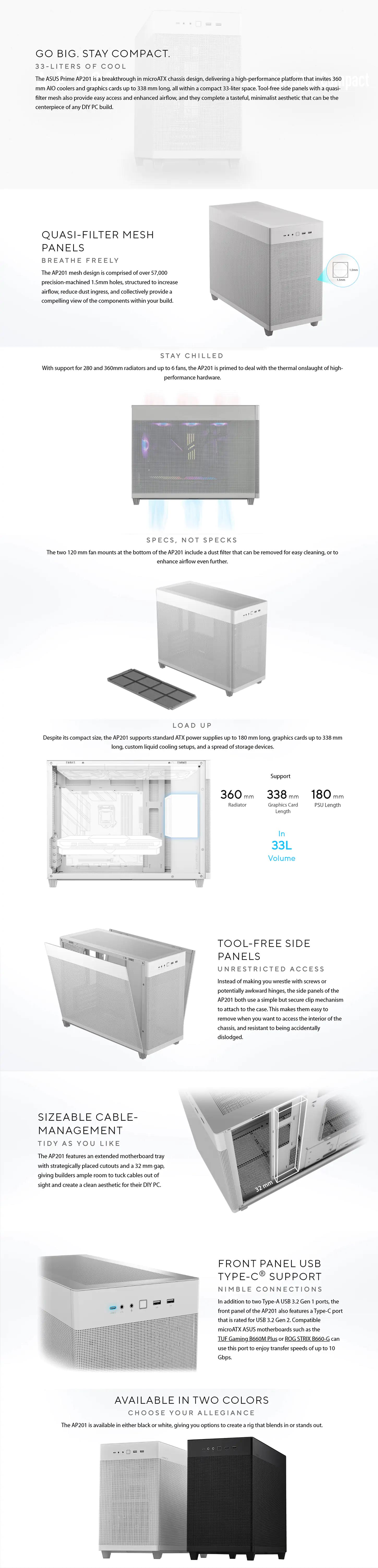 A large marketing image providing additional information about the product ASUS PRIME AP201 Mesh Micro Tower Case - White - Additional alt info not provided