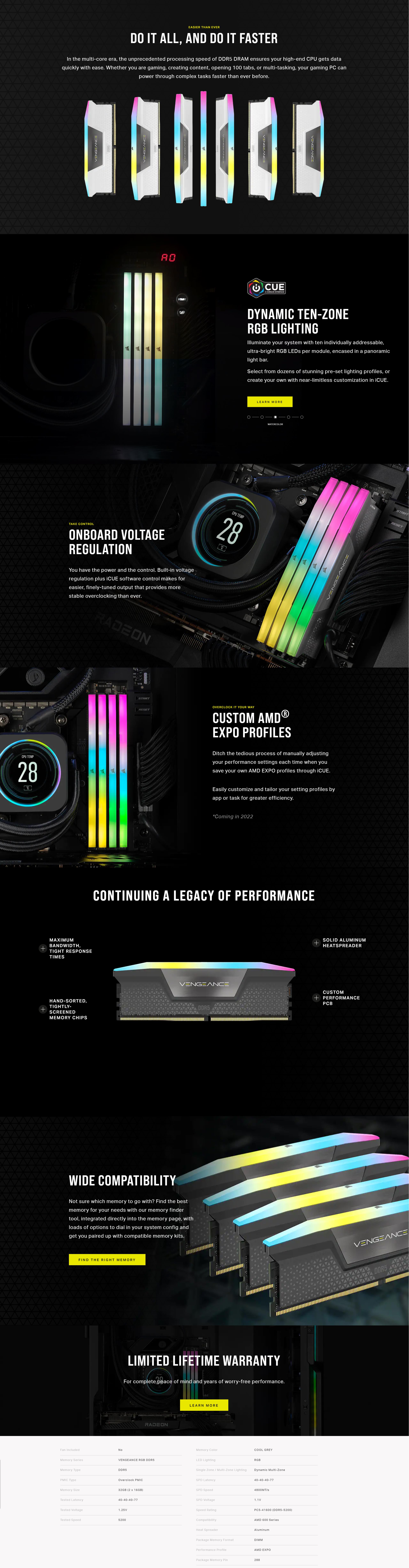 A large marketing image providing additional information about the product Corsair 32GB Kit (2x16GB) DDR5 Vengeance RGB AMD EXPO C40 5200MT/s - Cool Grey - Additional alt info not provided