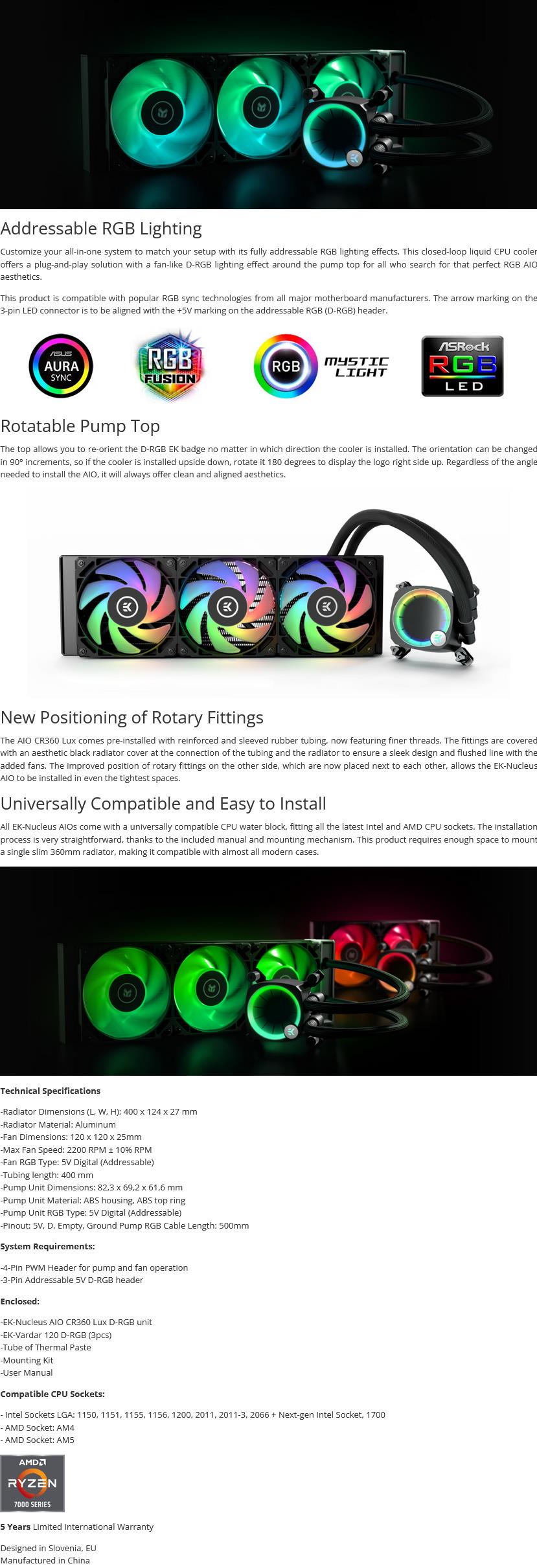 A large marketing image providing additional information about the product EK Nucleus 360mm Lux D-RGB AIO Liquid CPU Cooler - Black - Additional alt info not provided