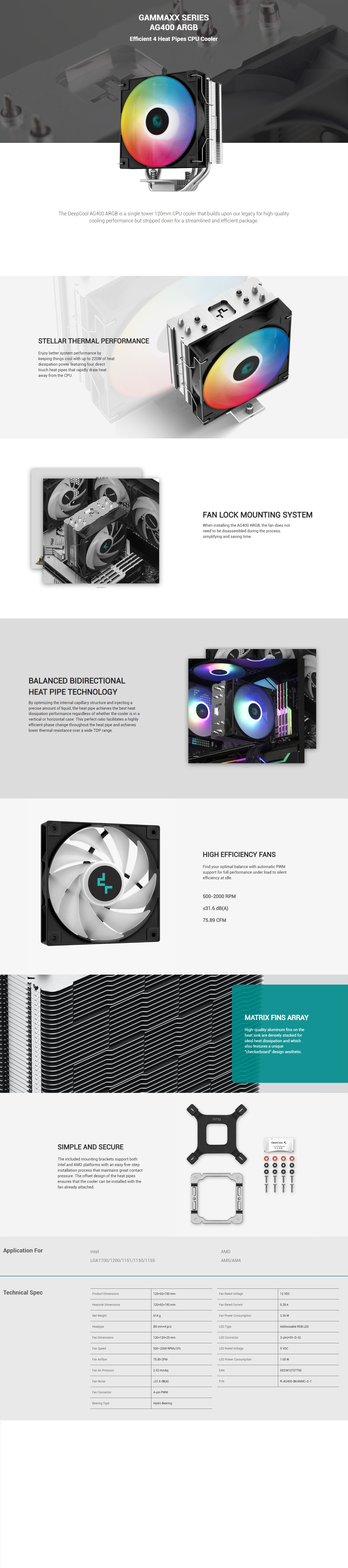 A large marketing image providing additional information about the product DeepCool AG400 ARGB CPU Cooler - Additional alt info not provided