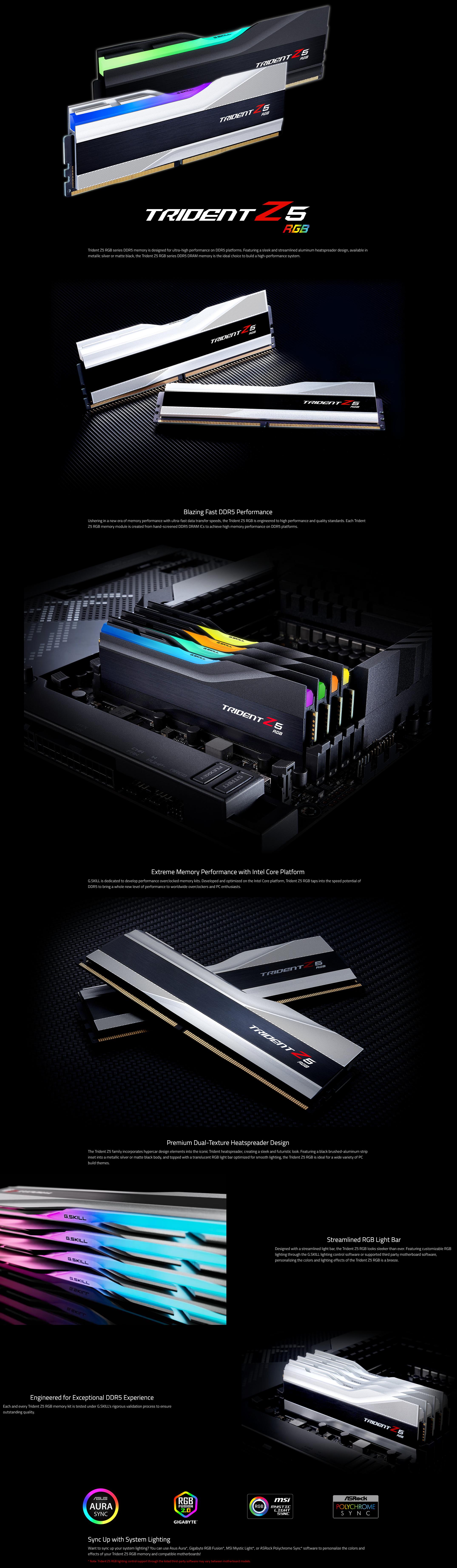 A large marketing image providing additional information about the product G.Skill 32GB Kit (2x16GB) DDR5 Trident Z5 RGB C36 7600MHz - Black - Additional alt info not provided