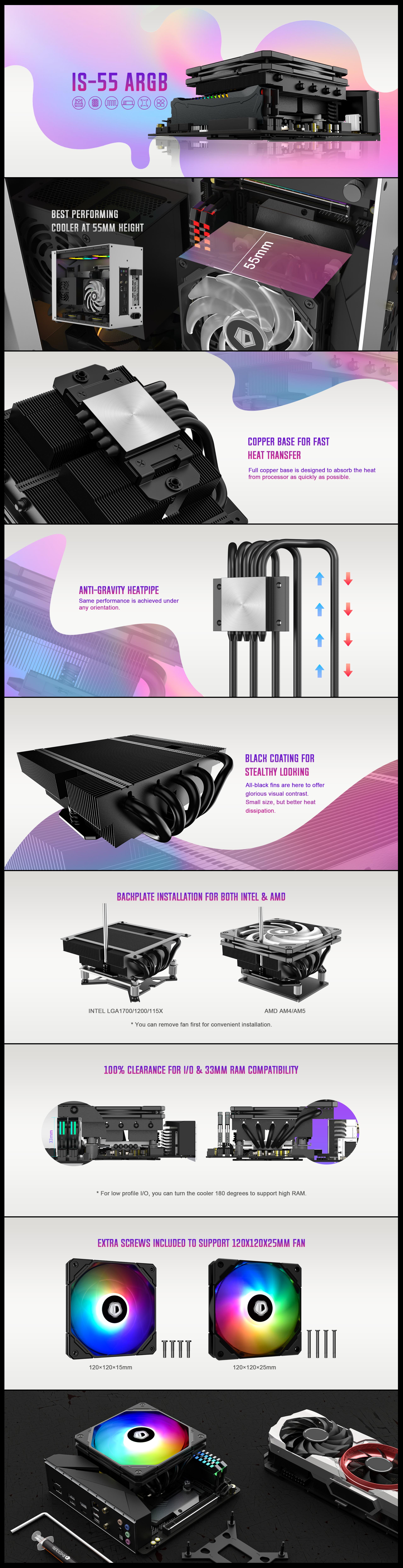 A large marketing image providing additional information about the product ID-COOLING IS-55 ARGB CPU Cooler - Black - Additional alt info not provided