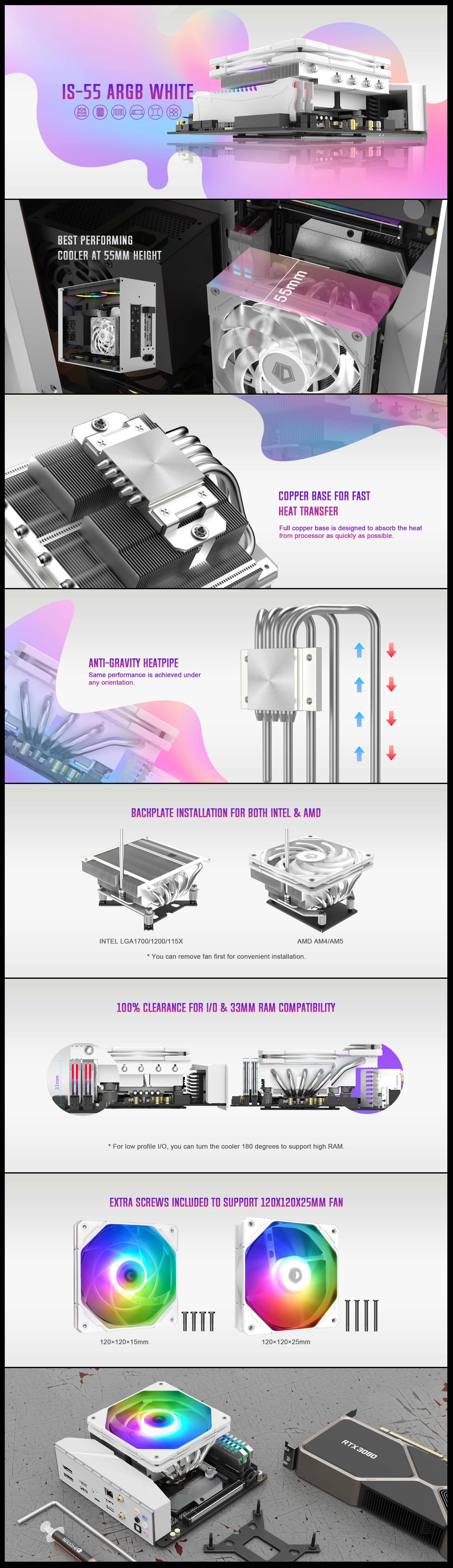 A large marketing image providing additional information about the product ID-COOLING IS-55 ARGB CPU Cooler - White - Additional alt info not provided