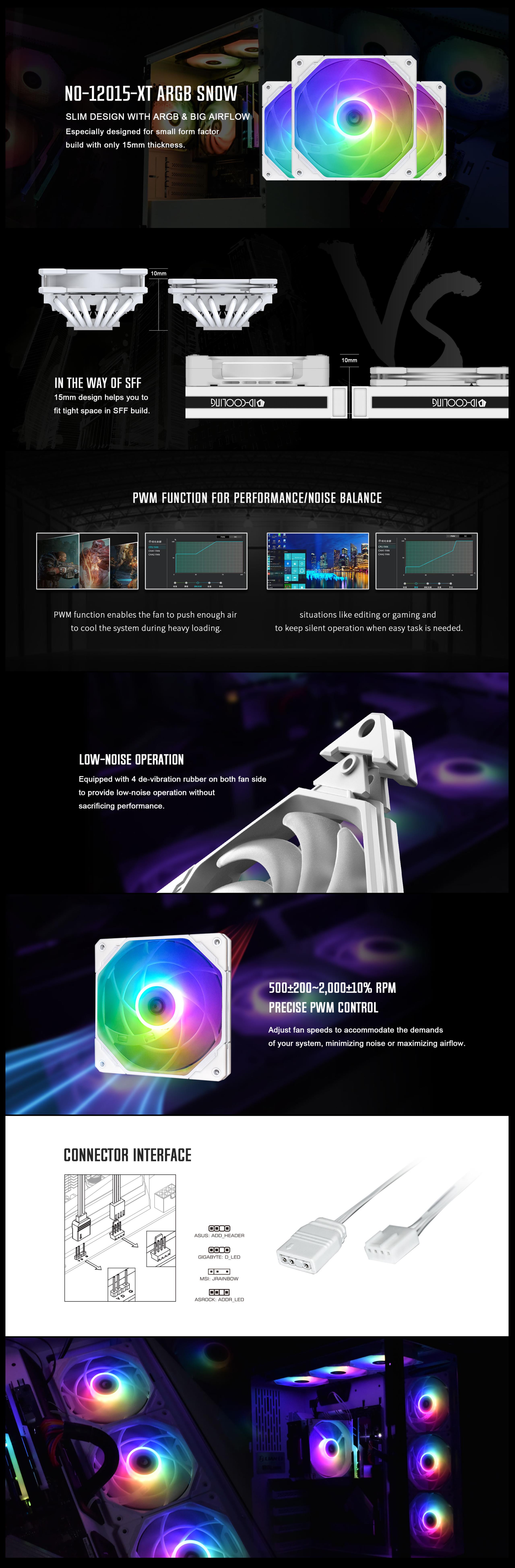 A large marketing image providing additional information about the product ID-COOLING XT Series Ultra Slim 120mm ARGB Case Fan - Snow Edition - Additional alt info not provided