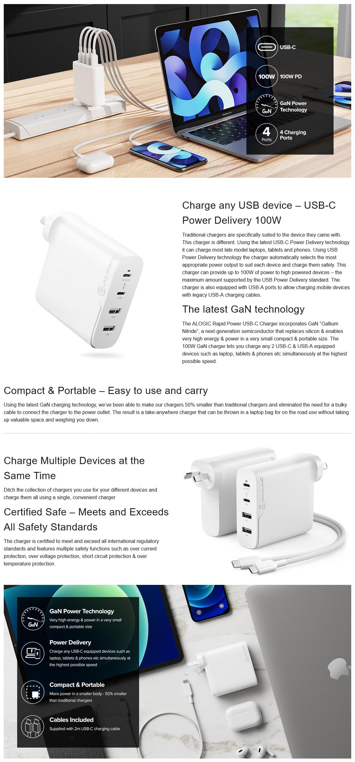 A large marketing image providing additional information about the product ALOGIC Rapid Power 4 Port 100W Compact Wall Charger - Additional alt info not provided