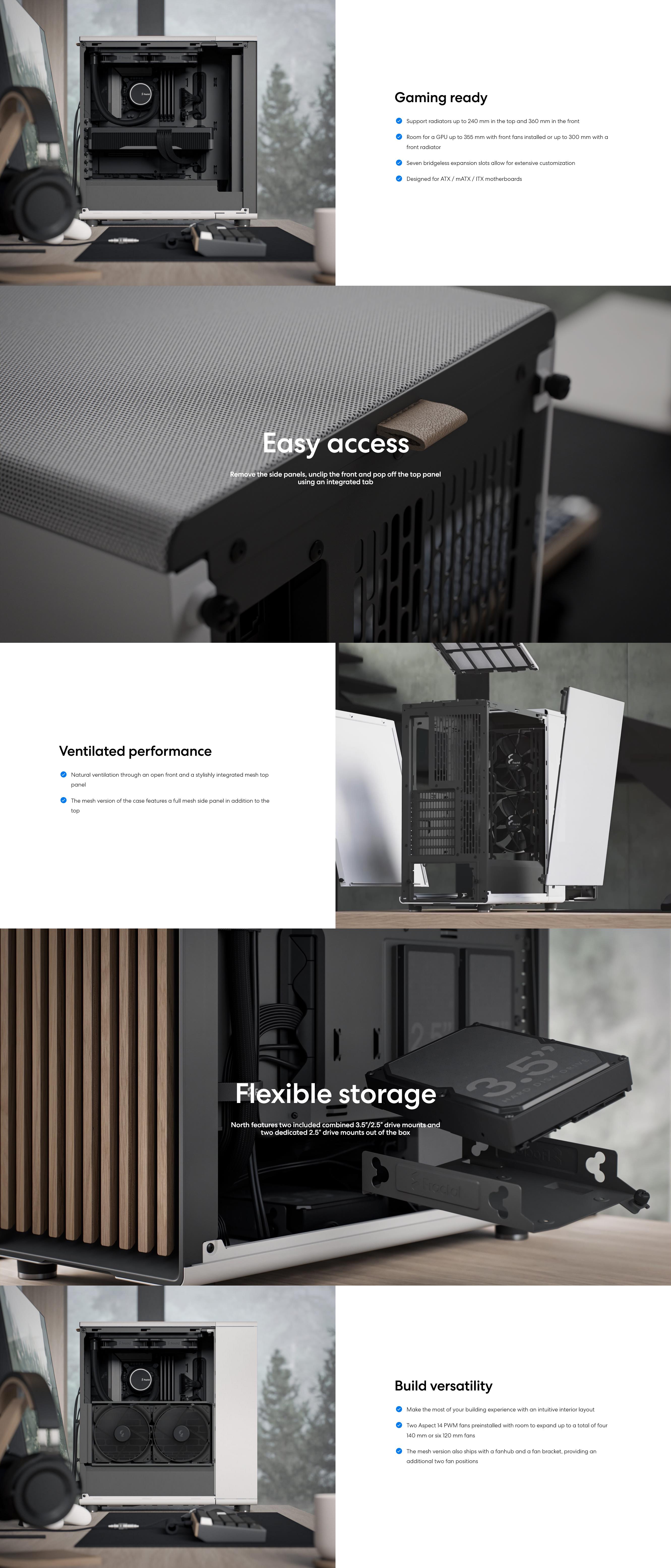 A large marketing image providing additional information about the product Fractal Design North Mid Tower Case - Chalk White - Additional alt info not provided