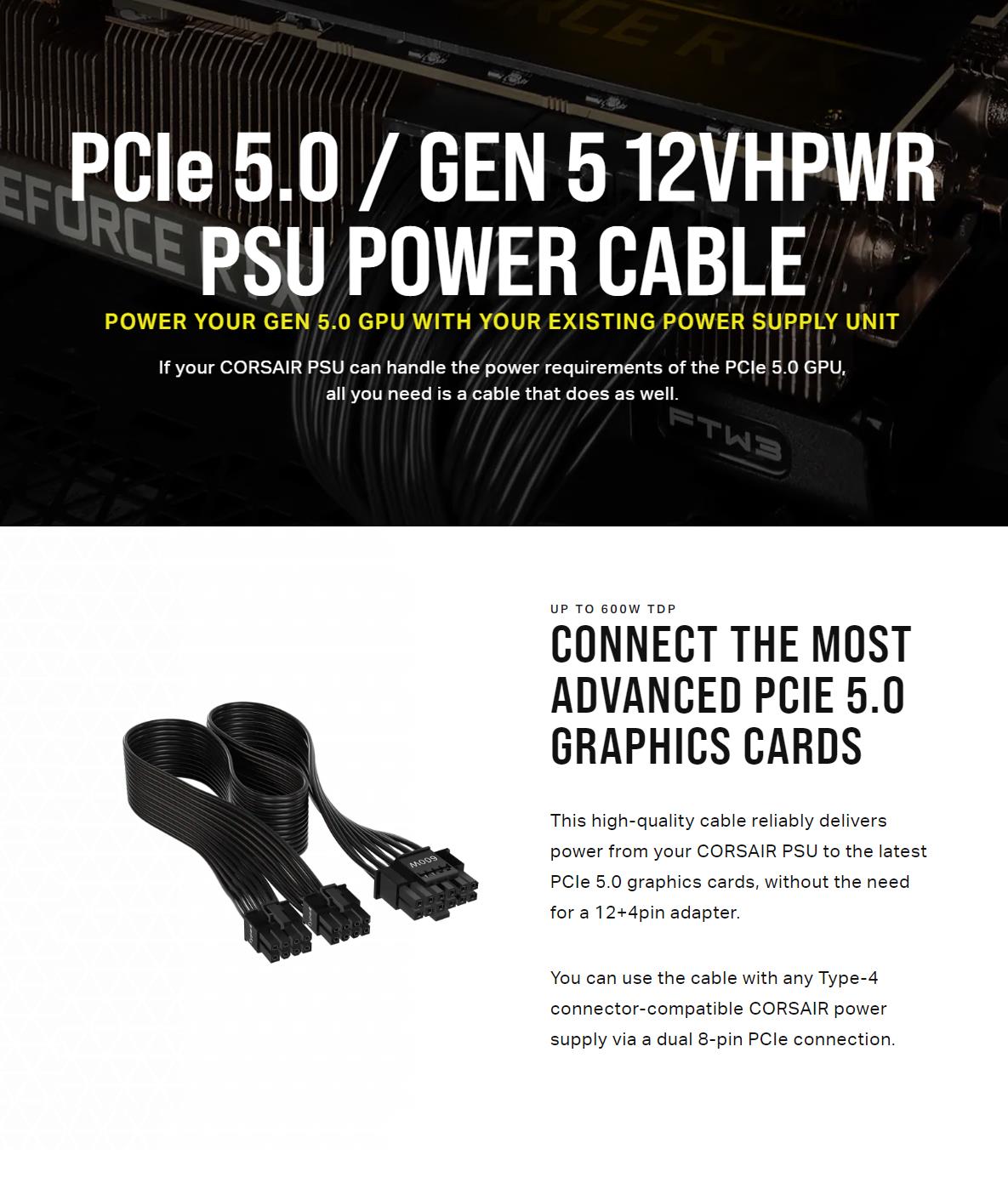 A large marketing image providing additional information about the product Corsair 12+4-pin 600W PCIe Gen 5 12VHPWR Cable - Additional alt info not provided