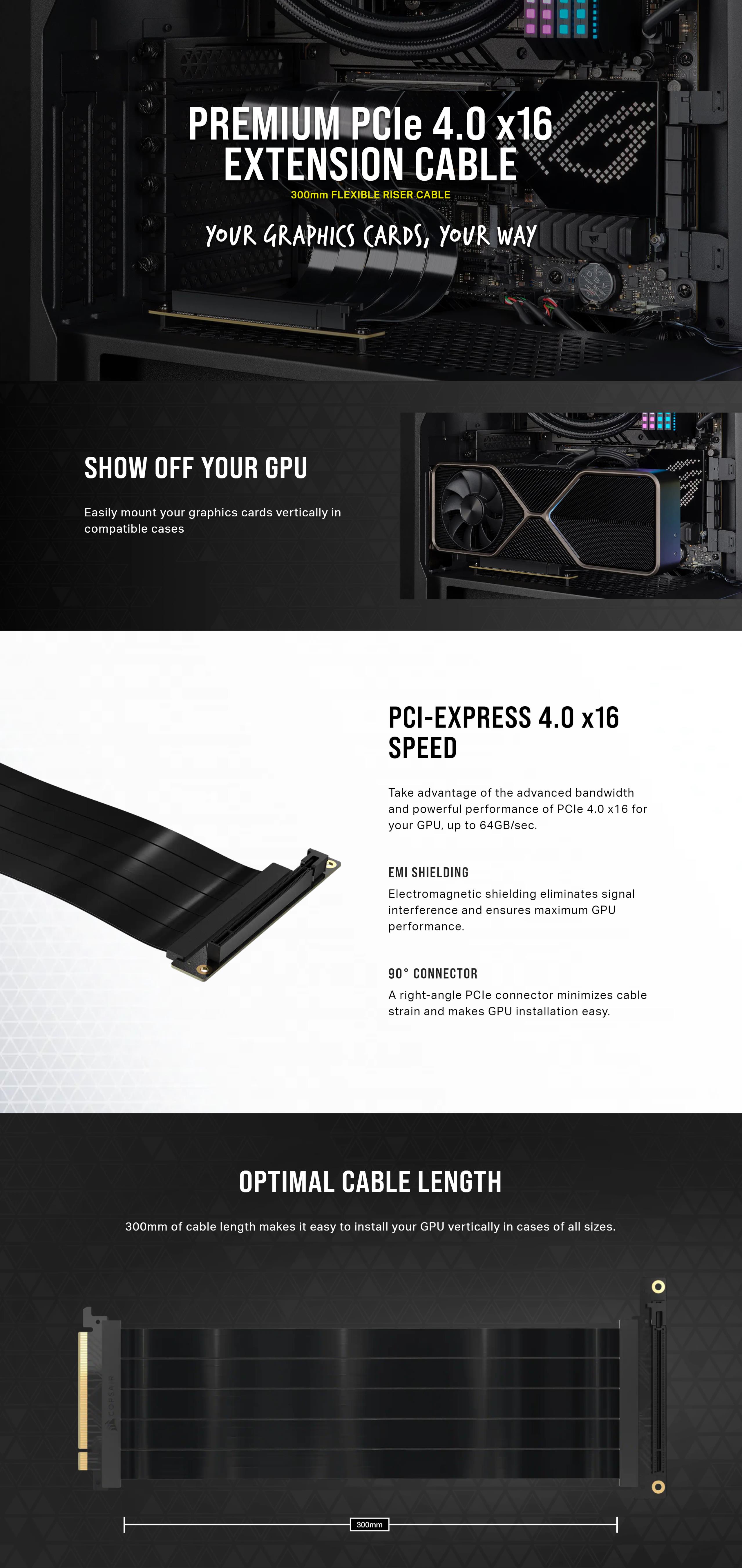 A large marketing image providing additional information about the product Corsair Premium 300mm PCIe 4.0 x16 Extension Cable - Additional alt info not provided