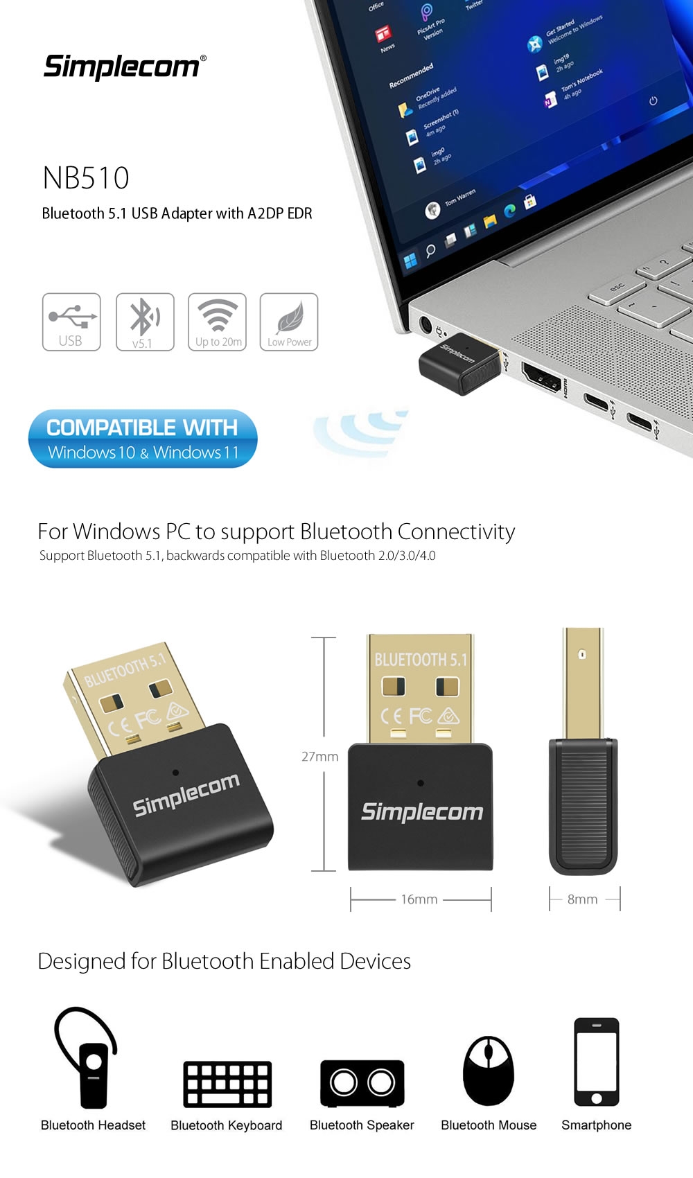 A large marketing image providing additional information about the product Simplecom NB510 USB Bluetooth 5.1 Adapter - Additional alt info not provided