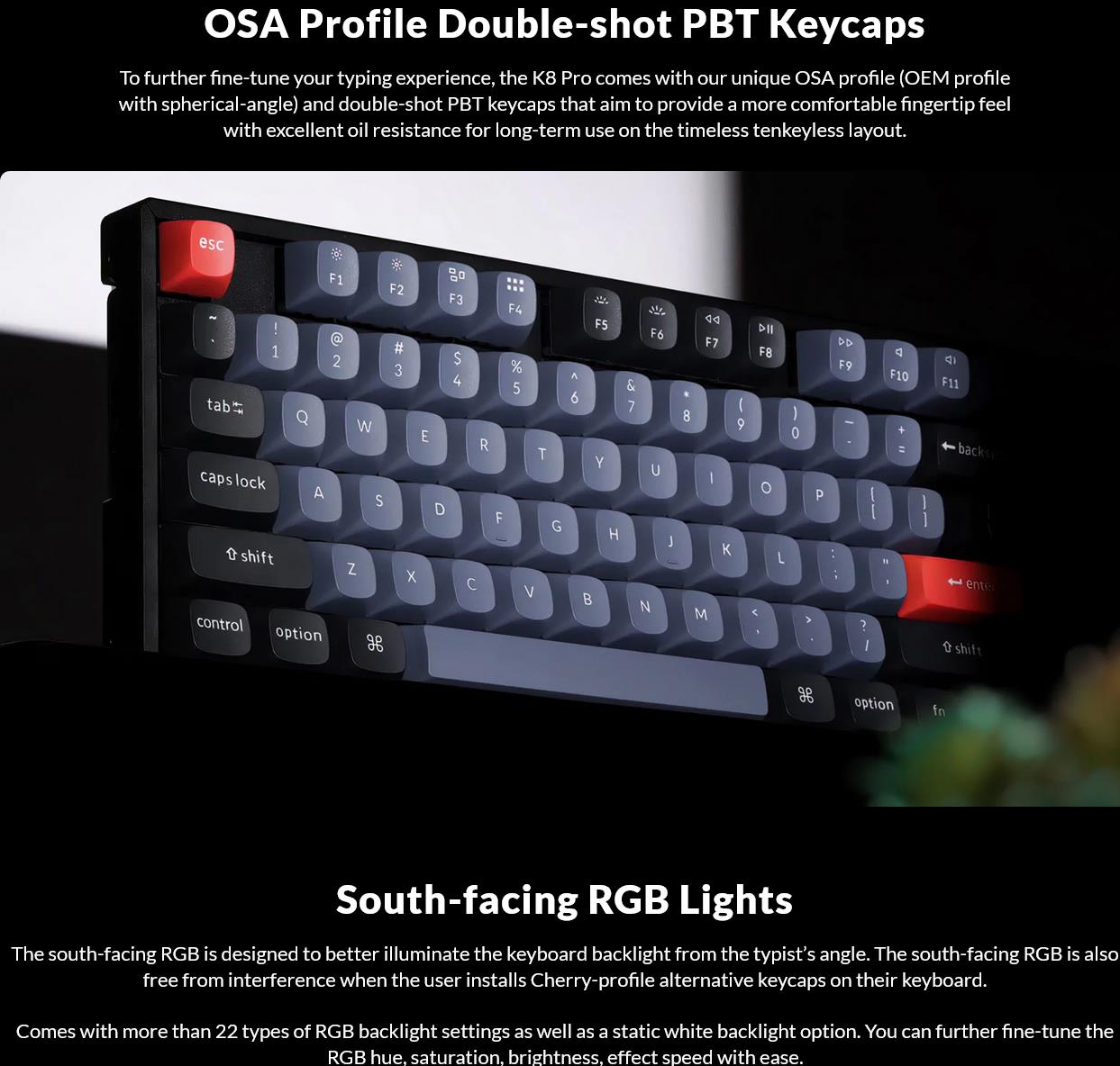 A large marketing image providing additional information about the product Keychron K8 Pro TKL RGB Wireless Mechanical Keyboard (Blue Switch) - Additional alt info not provided