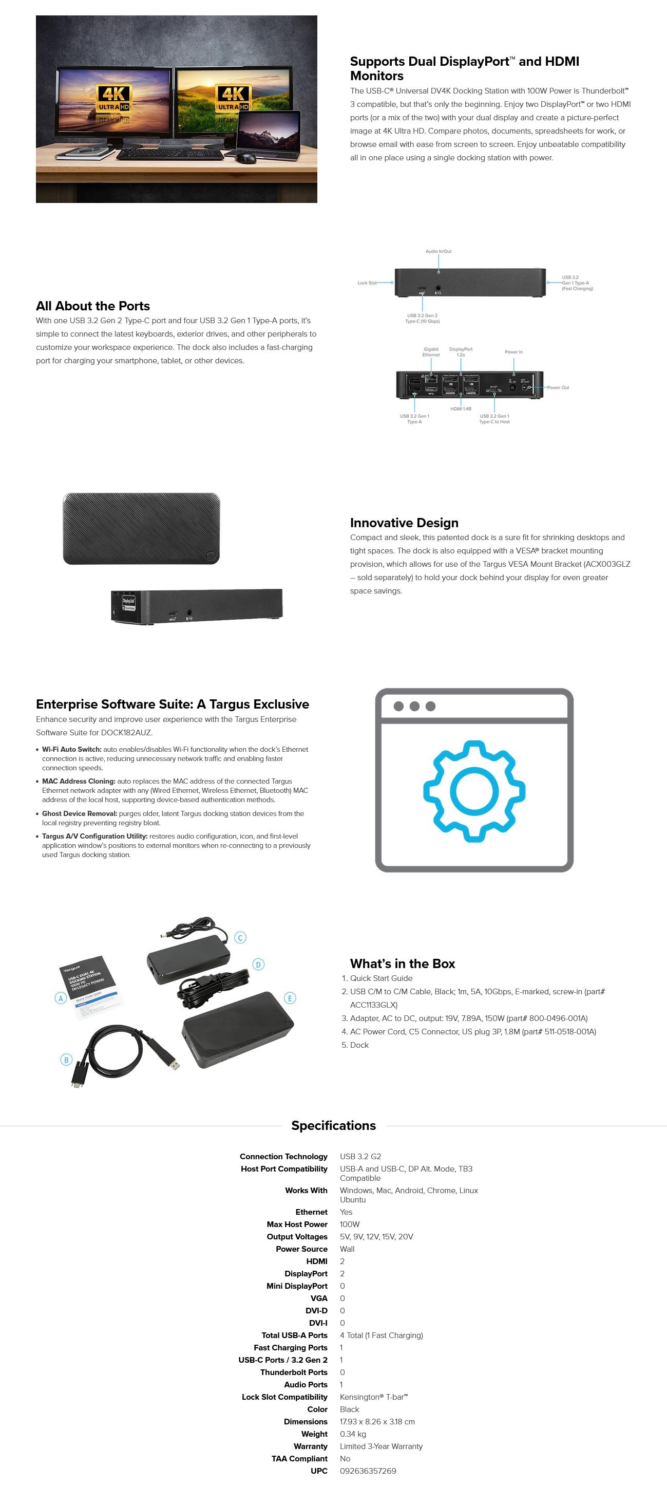A large marketing image providing additional information about the product Targus USB-C Universal DV4K Docking Station with 100W Power Delivery - Additional alt info not provided