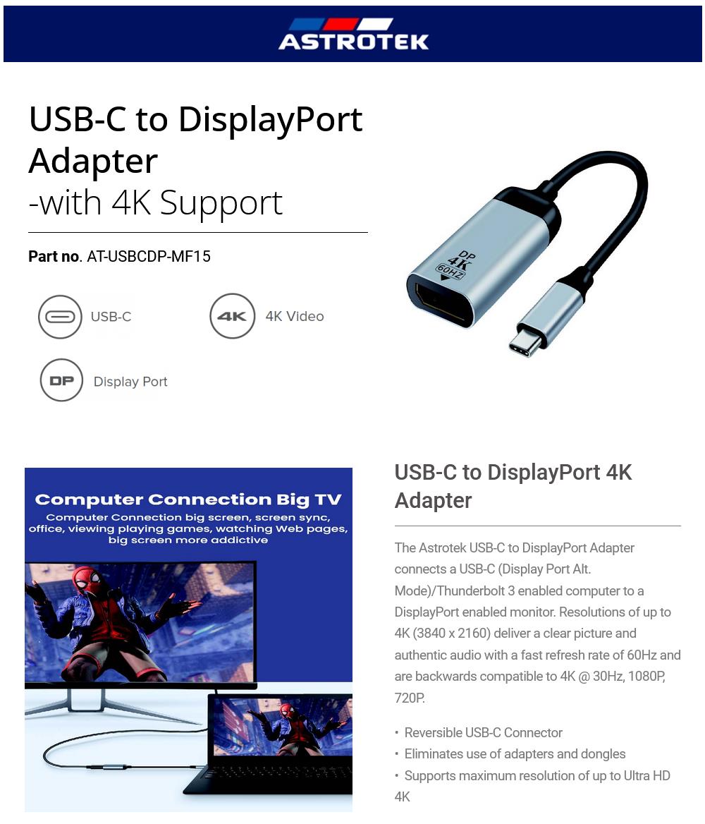 A large marketing image providing additional information about the product Astrotek 15cm USB-C to DisplayPort Male to Female Adapter - Additional alt info not provided