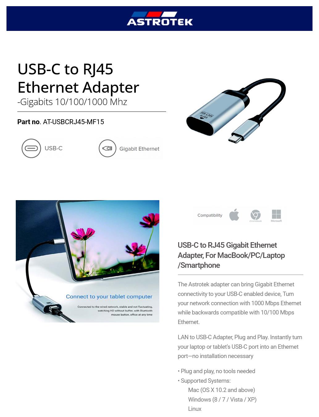 A large marketing image providing additional information about the product Astrotek 15cm USB-C to Ethernet Male to Female Adaptor - Additional alt info not provided