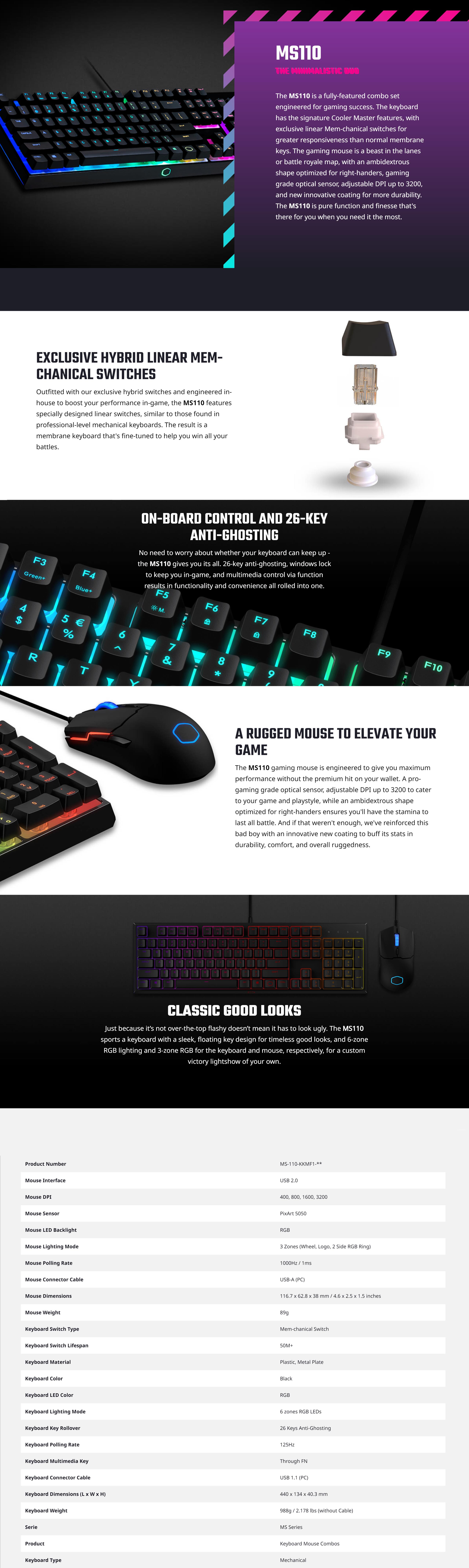 A large marketing image providing additional information about the product Cooler Master MasterSet MS110 RGB Keyboard and Mouse Combo - Additional alt info not provided