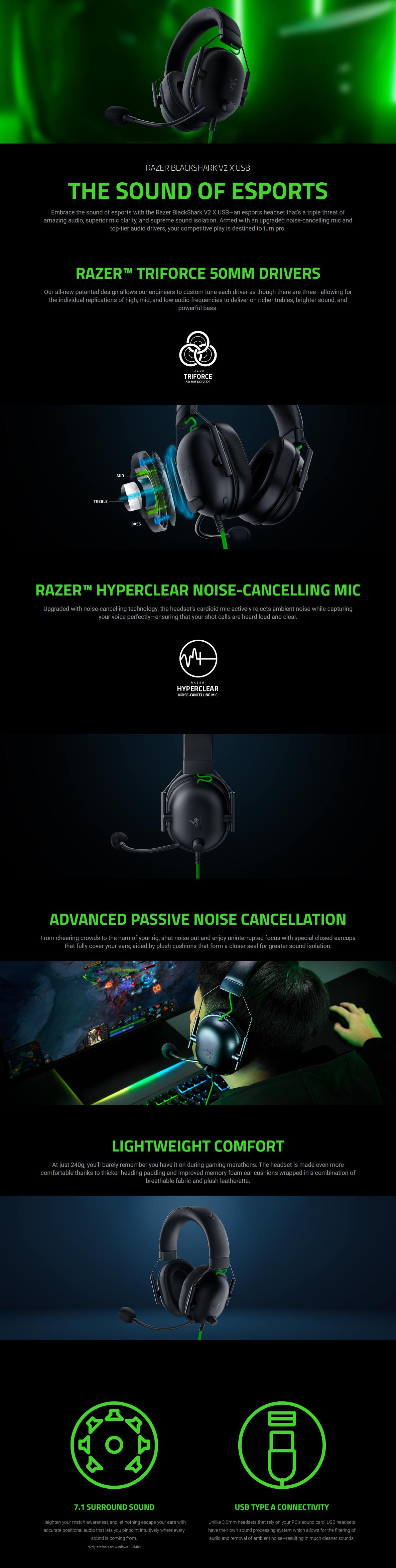 A large marketing image providing additional information about the product Razer BlackShark V2 X - Wired USB Gaming Headset - Additional alt info not provided