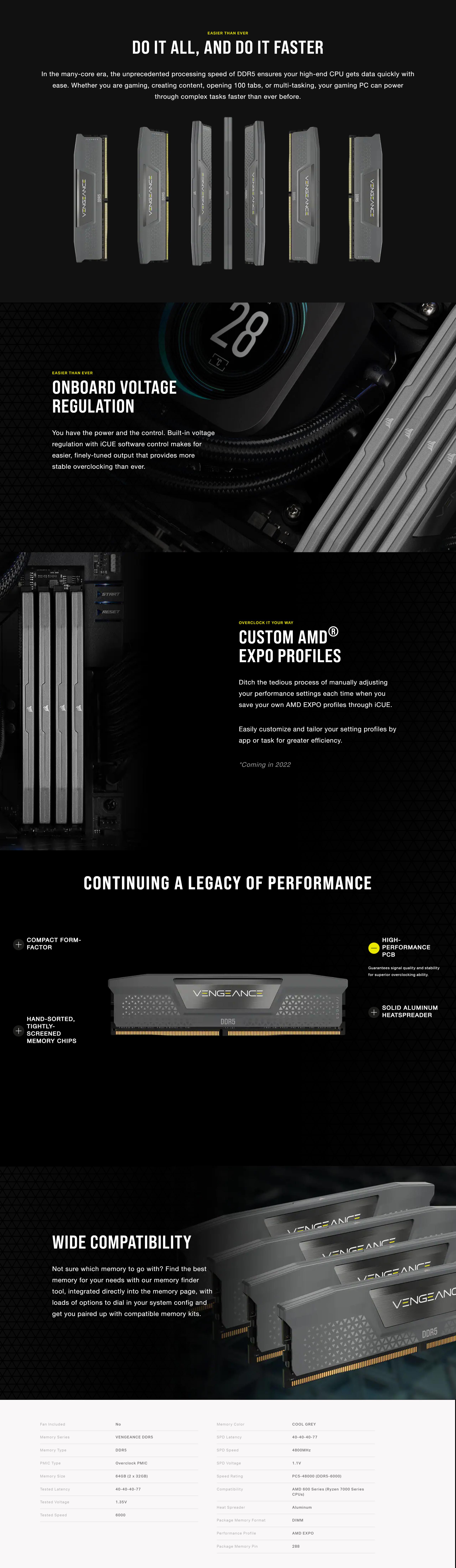 A large marketing image providing additional information about the product Corsair 64GB Kit (2x32GB) DDR5 Vengeance AMD EXPO C40 6000MT/s - Cool Grey - Additional alt info not provided