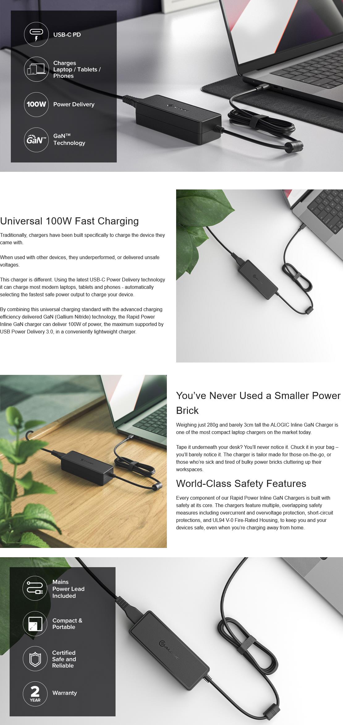 A large marketing image providing additional information about the product ALOGIC Rapid Power 100W Inline USB-C GaN Charger - Additional alt info not provided
