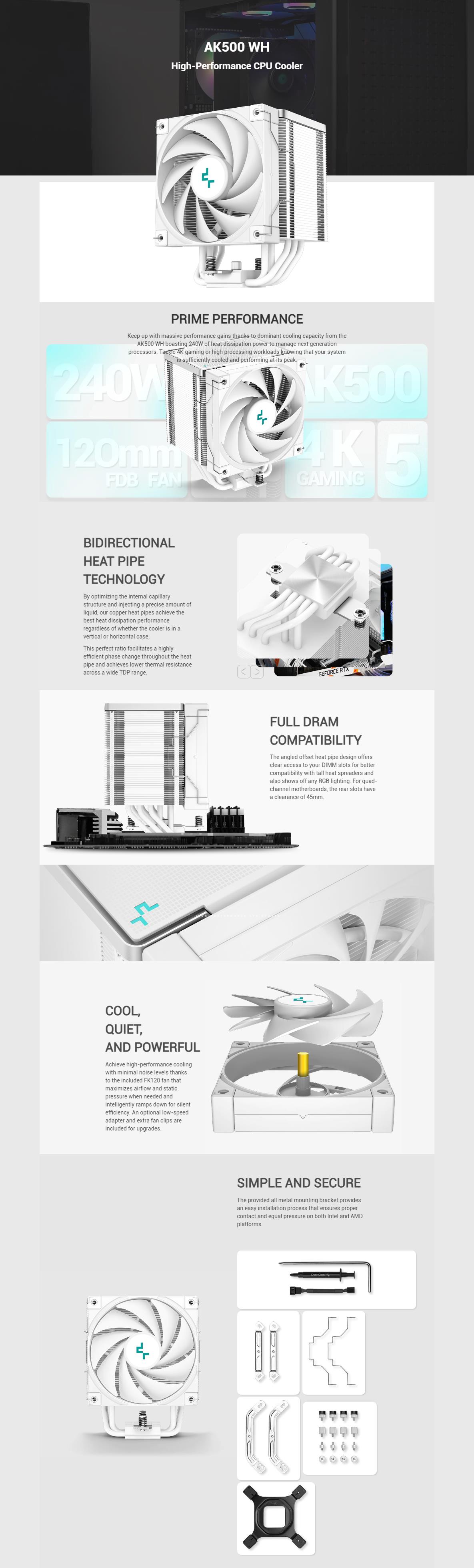 A large marketing image providing additional information about the product DeepCool AK500 CPU Cooler - White - Additional alt info not provided