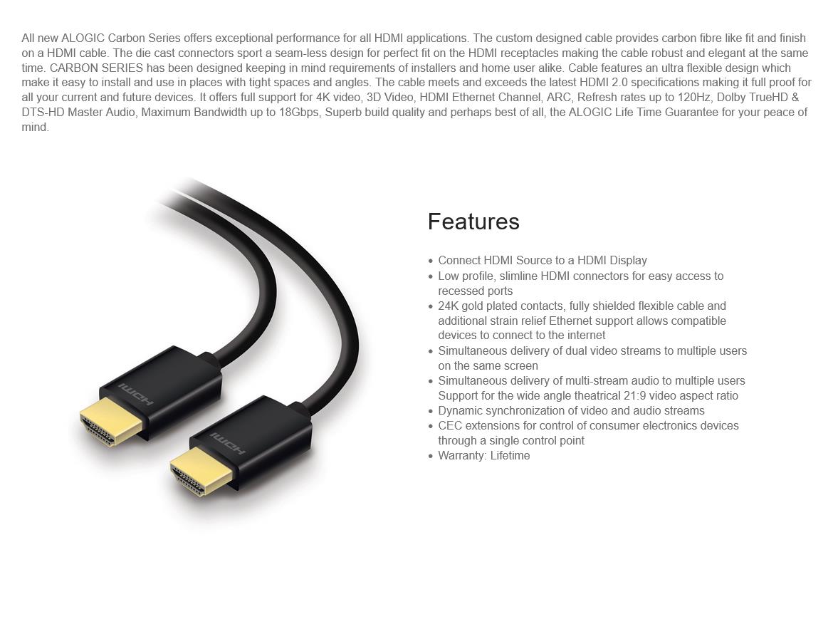 A large marketing image providing additional information about the product ALOGIC 1m CARBON SERIES COMMERCIAL High Speed HDMI Cable with Ethernet - Male to Male - Additional alt info not provided