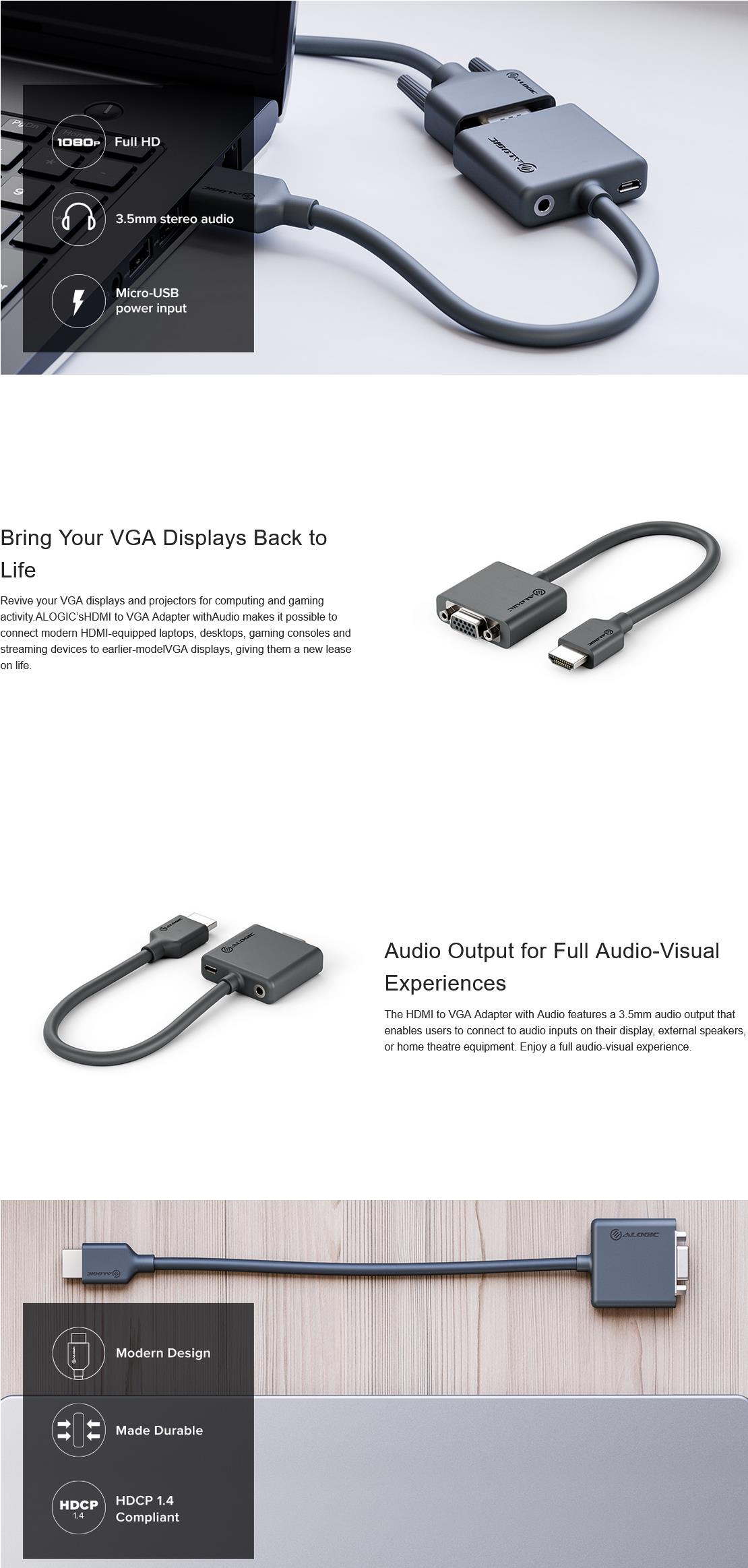 A large marketing image providing additional information about the product ALOGIC HDMI to VGA Adapter with Audio - Elements Series - Additional alt info not provided