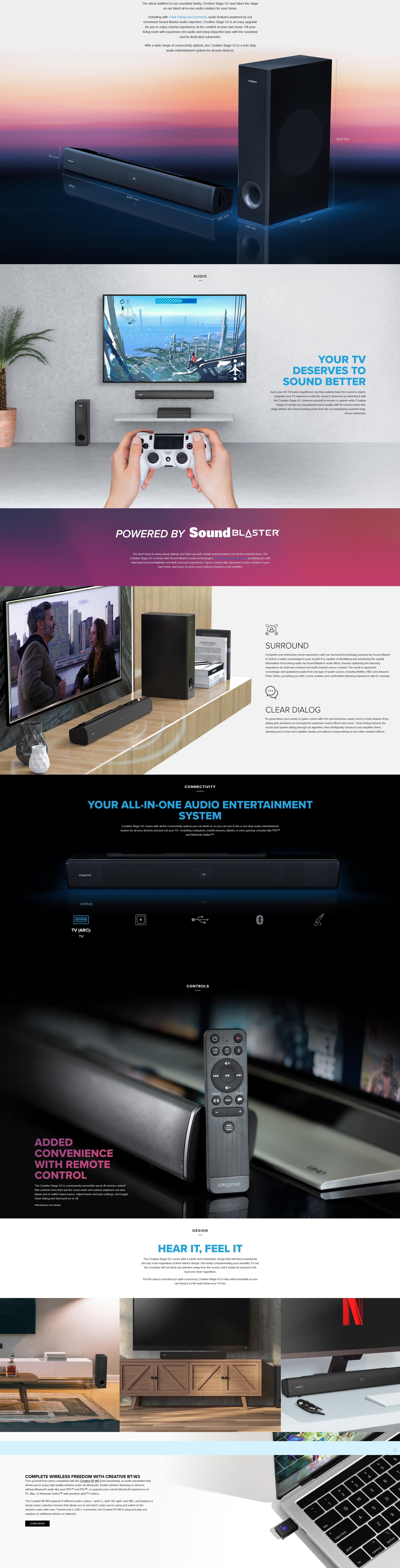 A large marketing image providing additional information about the product Creative Stage V2 Speaker 2.1 Soundbar with Subwoofer Black - Additional alt info not provided