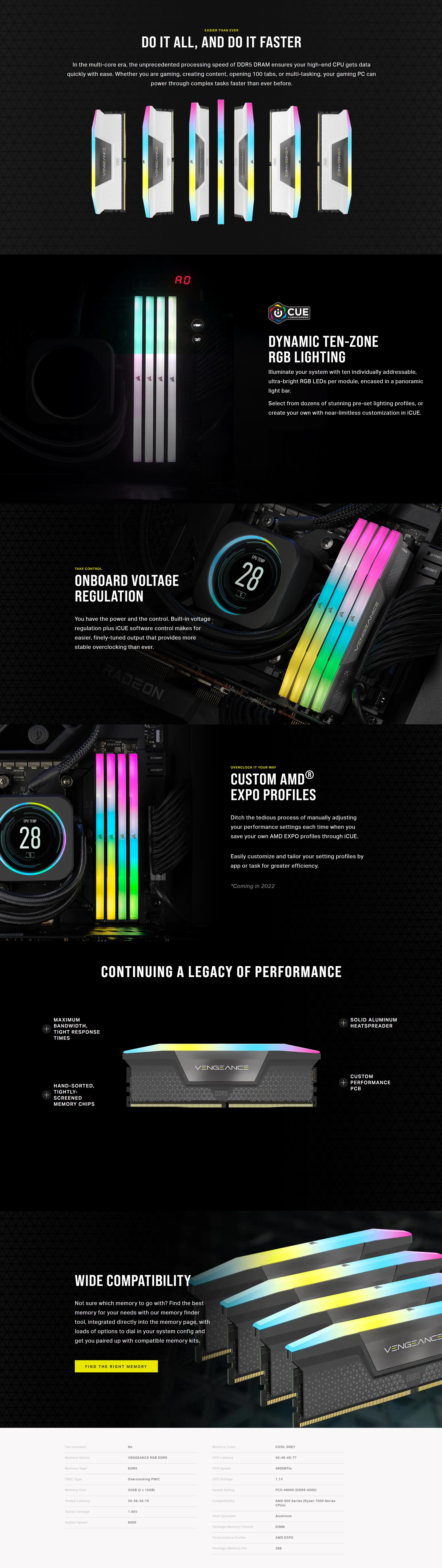 A large marketing image providing additional information about the product Corsair 32GB Kit (2x16GB) DDR5 Vengeance RGB AMD EXPO C30 6000MT/s - Cool Grey - Additional alt info not provided