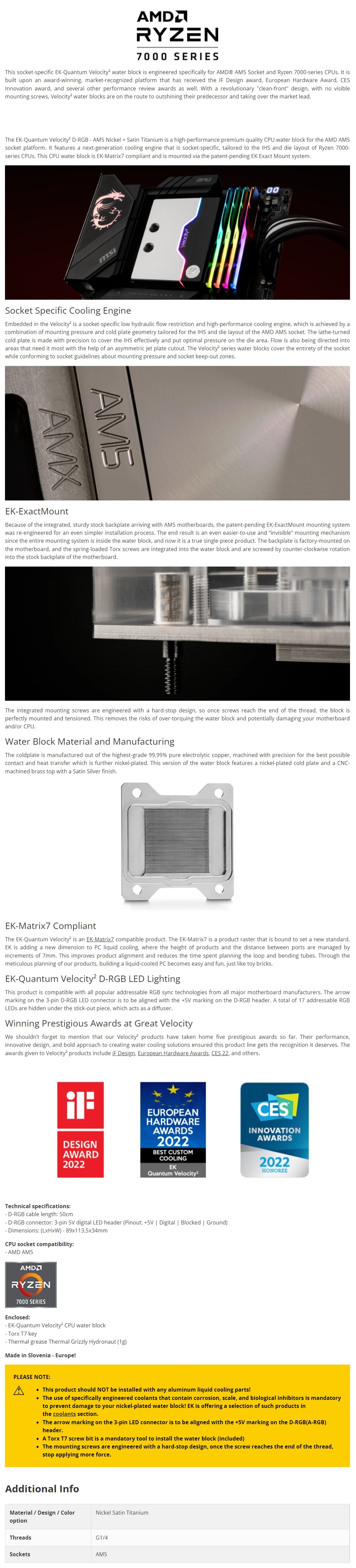 A large marketing image providing additional information about the product EK Quantum Velocity2 D-RGB AM5 CPU Waterblock - Nickel + Satin Titanium - Additional alt info not provided