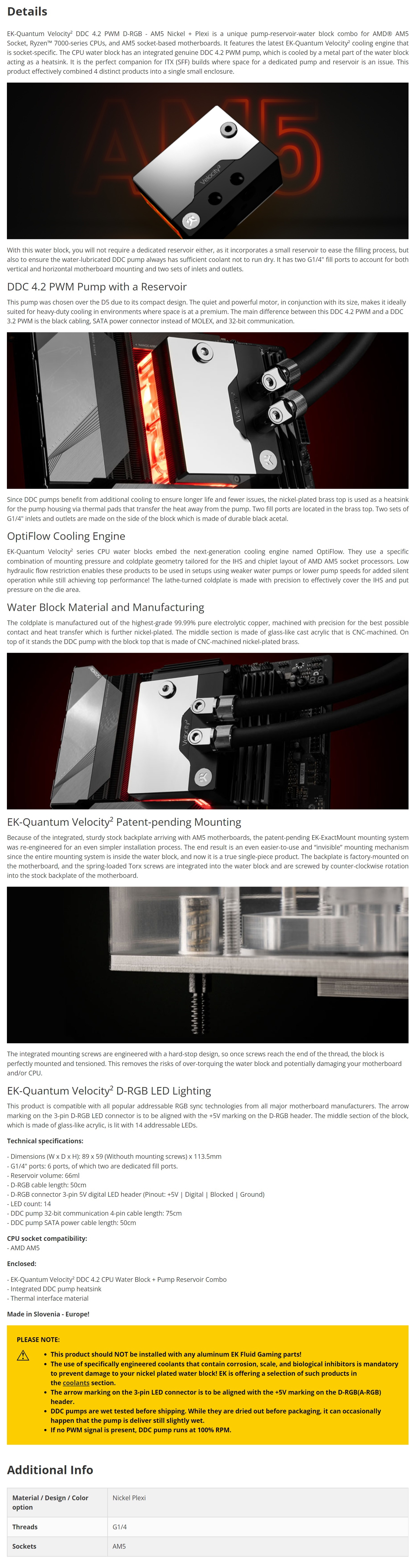 A large marketing image providing additional information about the product EK Quantum Velocity2 DDC 4.2 PWM D-RGB AM5 CPU Waterblock - Nickel + Plexi - Additional alt info not provided