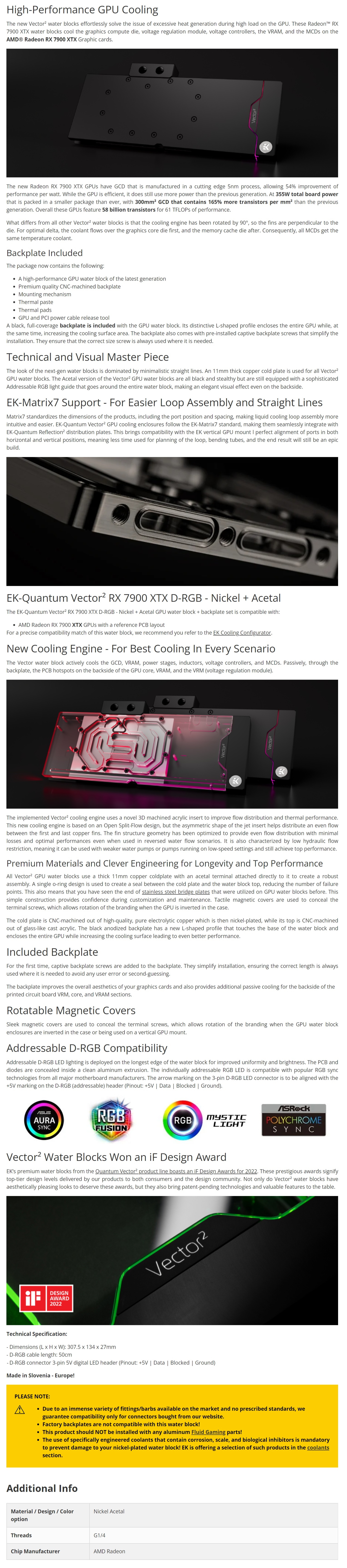 A large marketing image providing additional information about the product EK Quantum Vector2 RX 7900 XTX D-RGB Nickel+Acetal GPU Waterblock - Additional alt info not provided