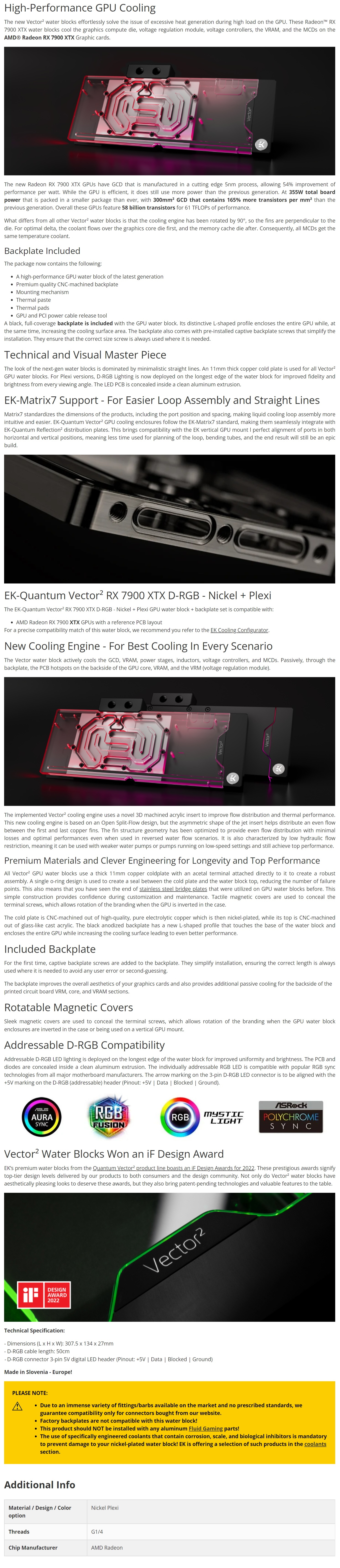 A large marketing image providing additional information about the product EK Quantum Vector2 RX 7900 XTX D-RGB Nickel+Plexi  - Additional alt info not provided
