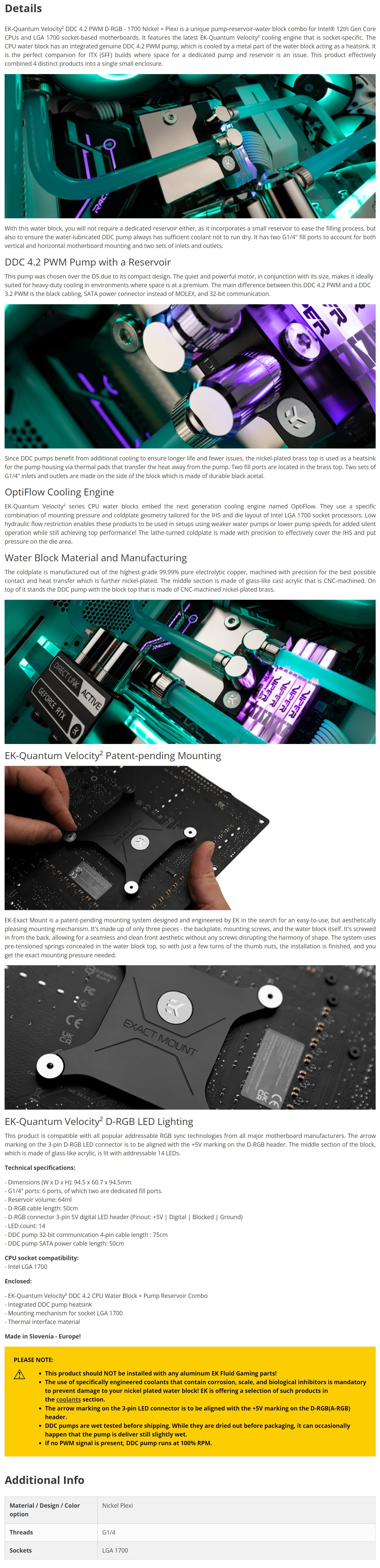 A large marketing image providing additional information about the product EK Quantum Velocity2 DDC 4.2 PWM D-RGB 1700 CPU Waterblock - Nickel+Plexi - Additional alt info not provided