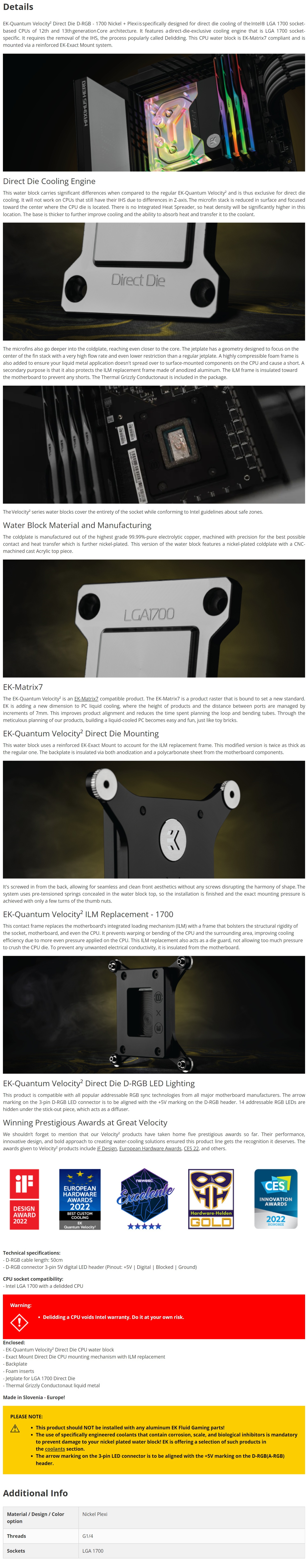 A large marketing image providing additional information about the product EK Quantum Velocity2 Direct Die D-RGB 1700 CPU Waterblock - Nickel+Plexi - Additional alt info not provided