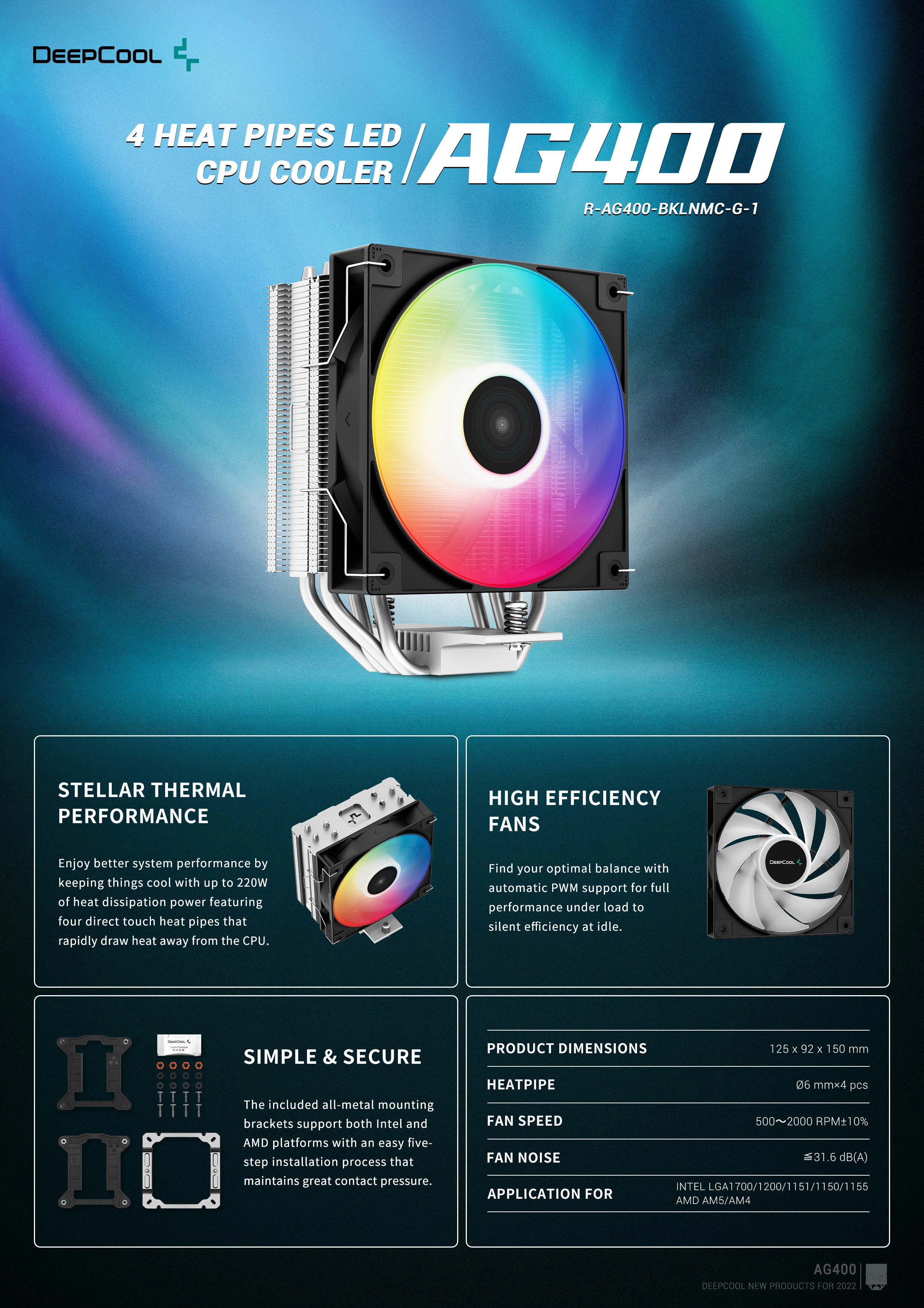 A large marketing image providing additional information about the product DeepCool AG400 LED CPU Cooler - Additional alt info not provided