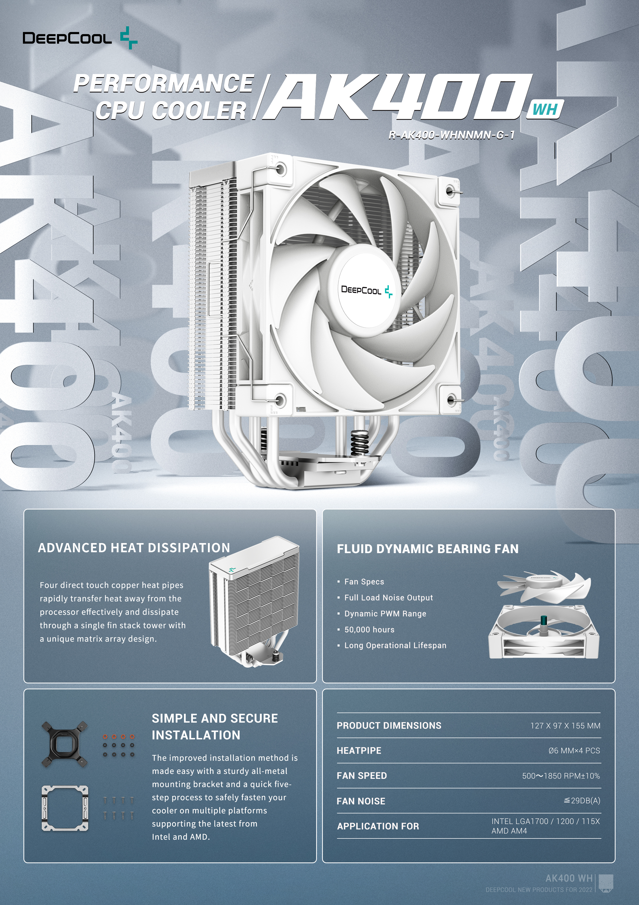 A large marketing image providing additional information about the product DeepCool AK400 CPU Cooler - White - Additional alt info not provided