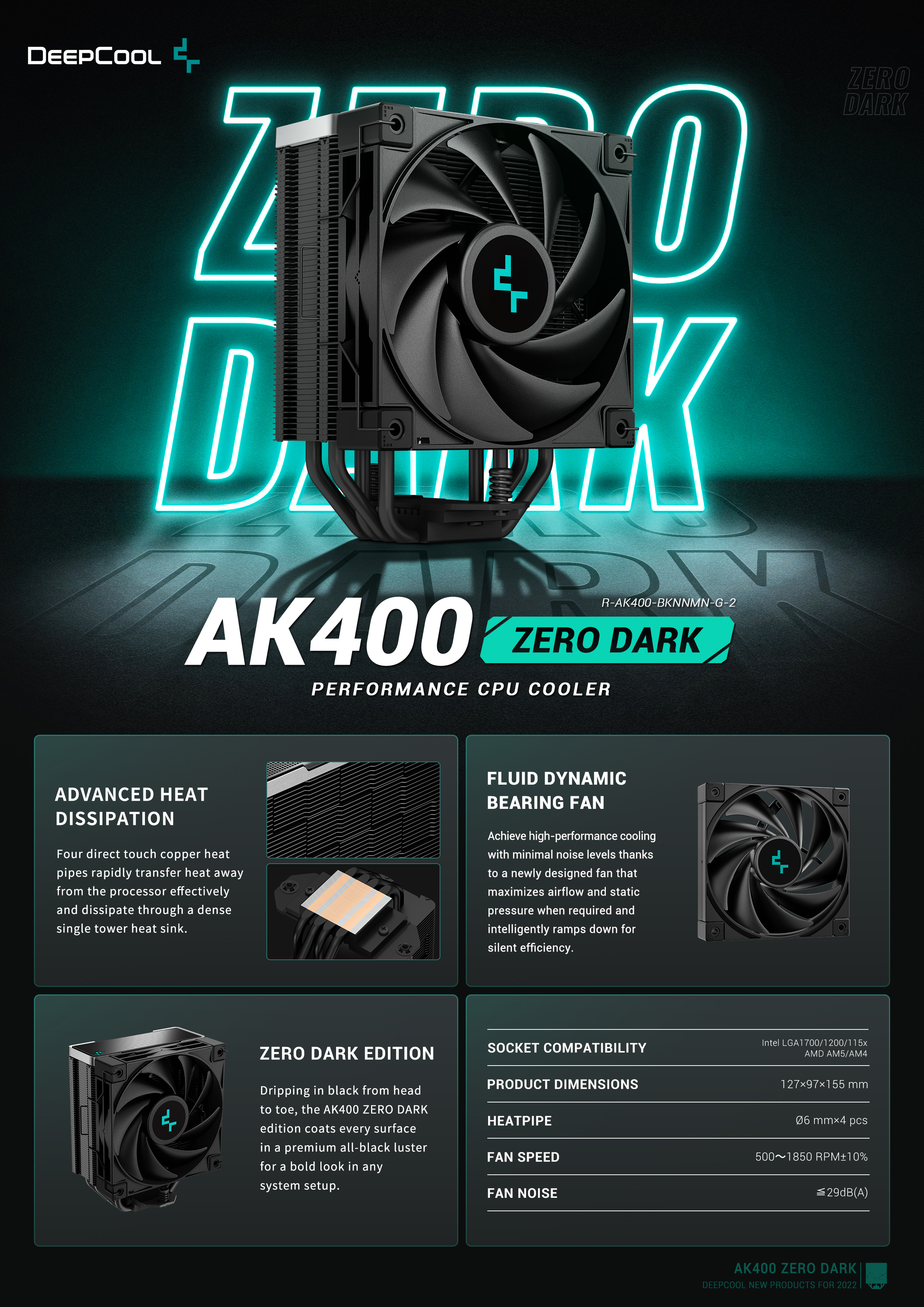 A large marketing image providing additional information about the product DeepCool AK400 Zero Dark CPU Cooler - Additional alt info not provided