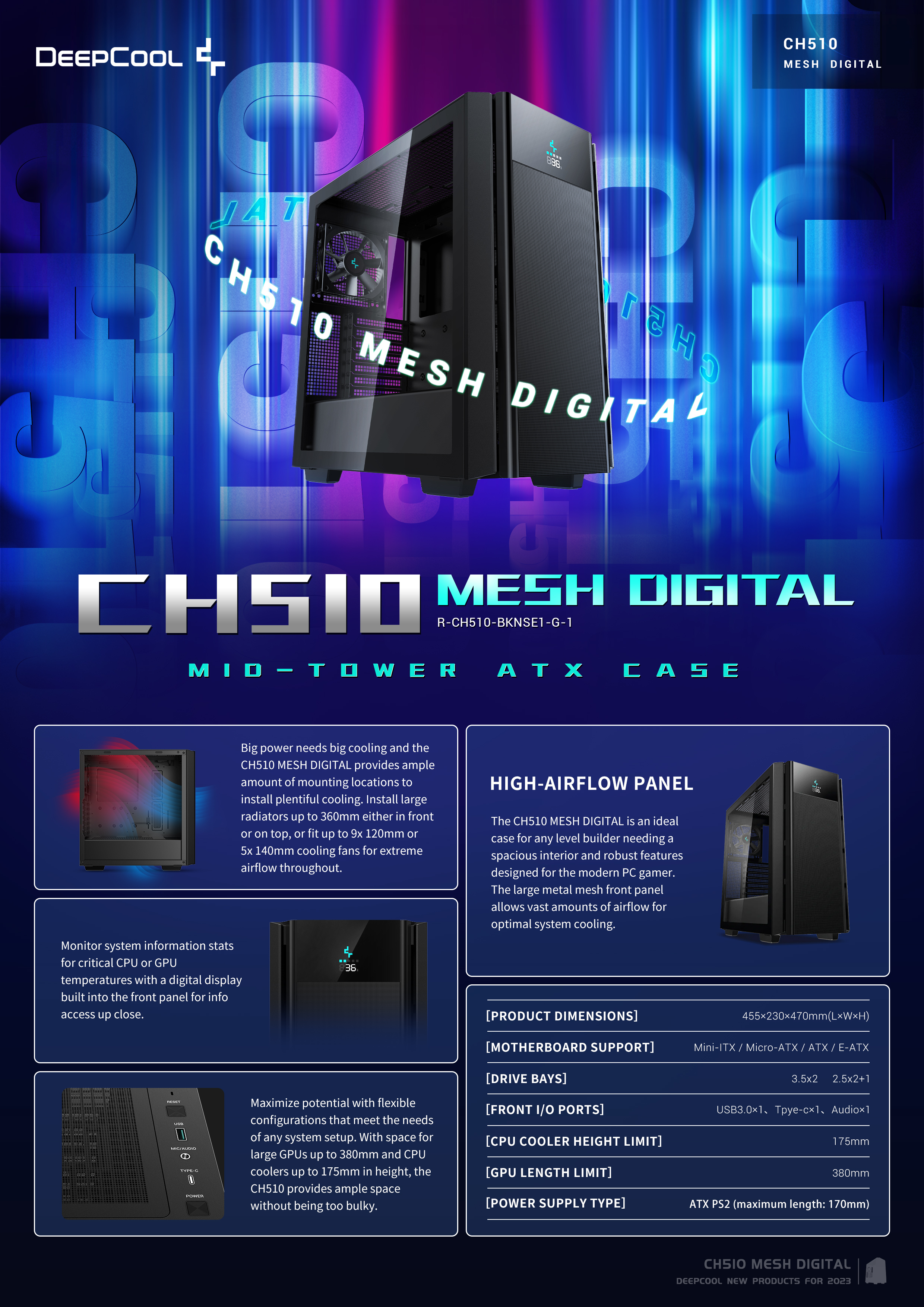A large marketing image providing additional information about the product DeepCool CH510 Mesh Digital Mid Tower Case - Black - Additional alt info not provided