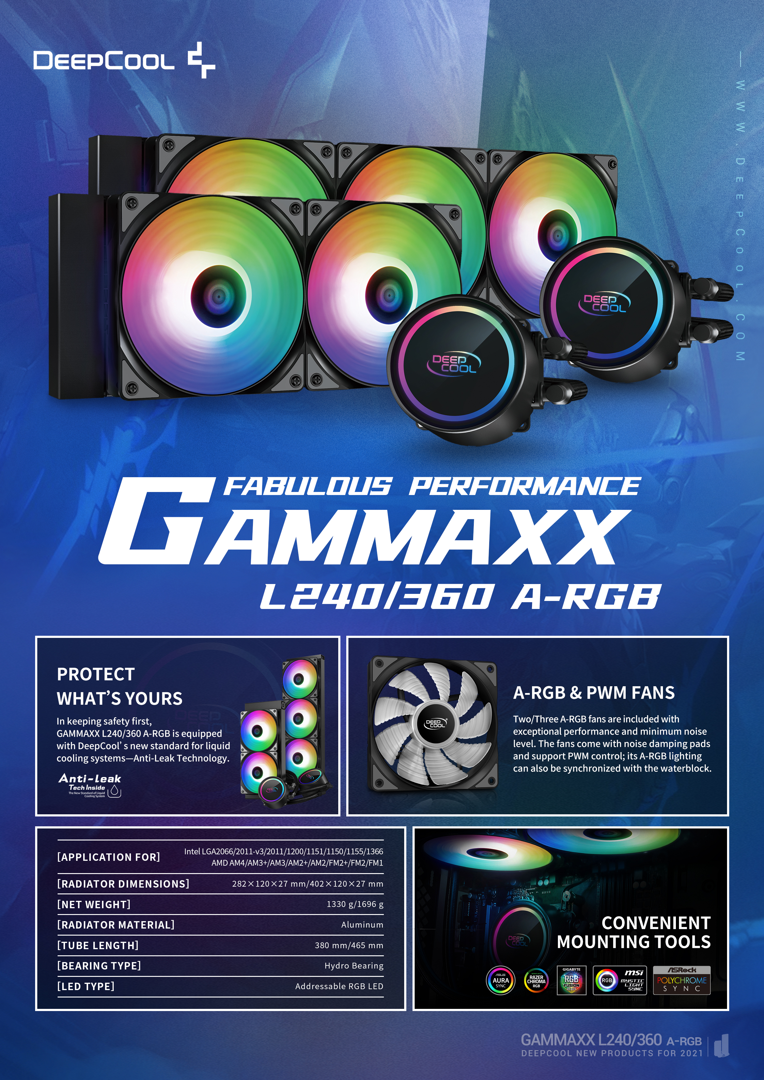 A large marketing image providing additional information about the product DeepCool GAMMAXX L240 A-RGB 240mm AIO CPU Cooler - White - Additional alt info not provided
